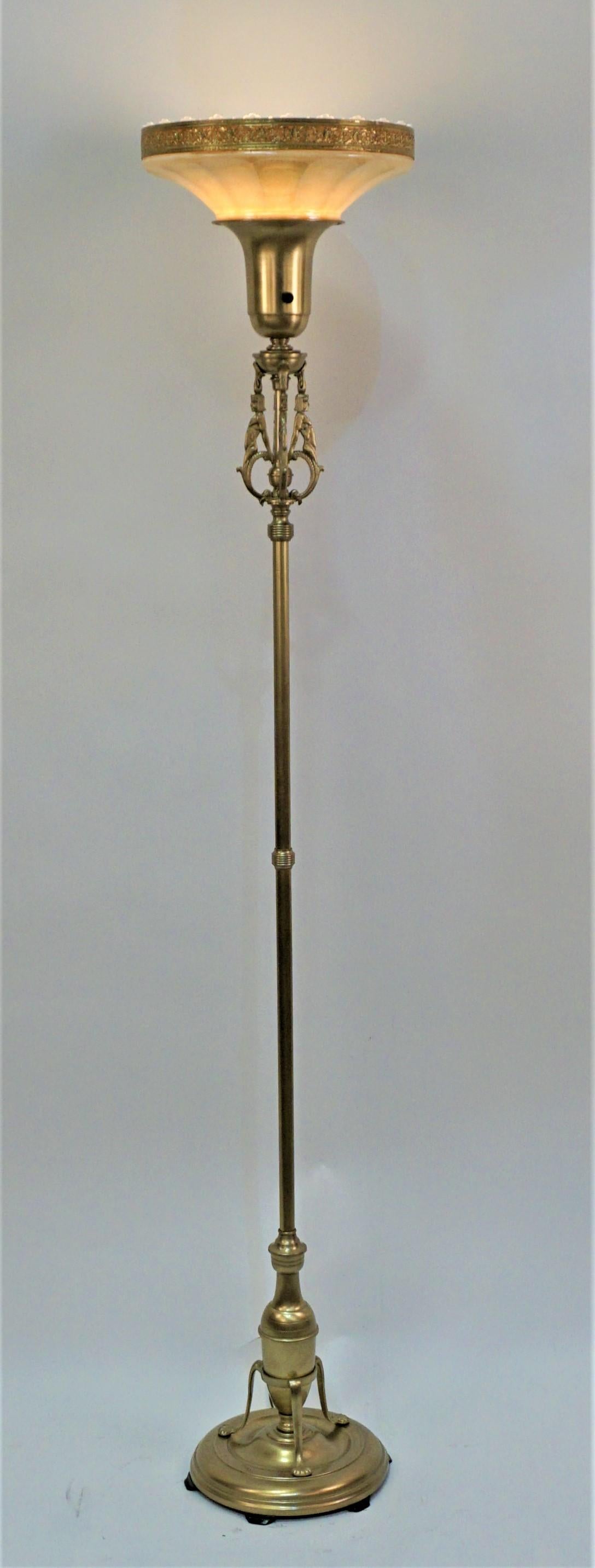 American brass 1920s torchiere floor lamp with glass shade.
3way socket up 300 watts.