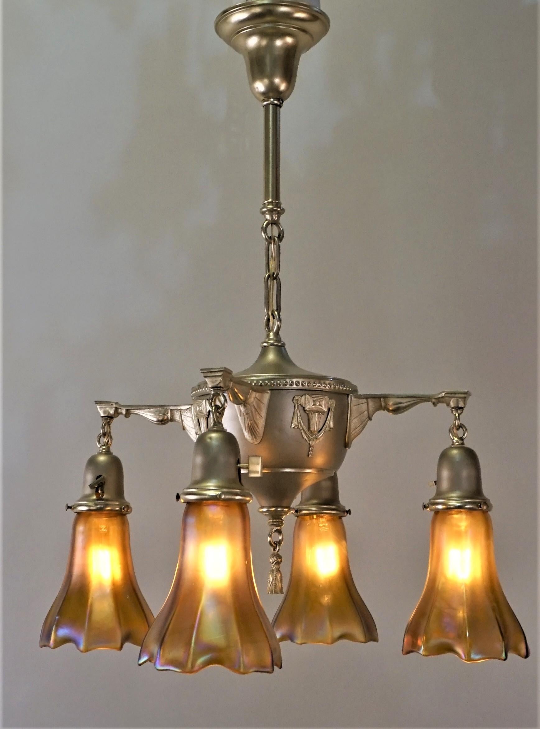 American 1920s Brass and Art Glass Chandelier In Good Condition In Fairfax, VA