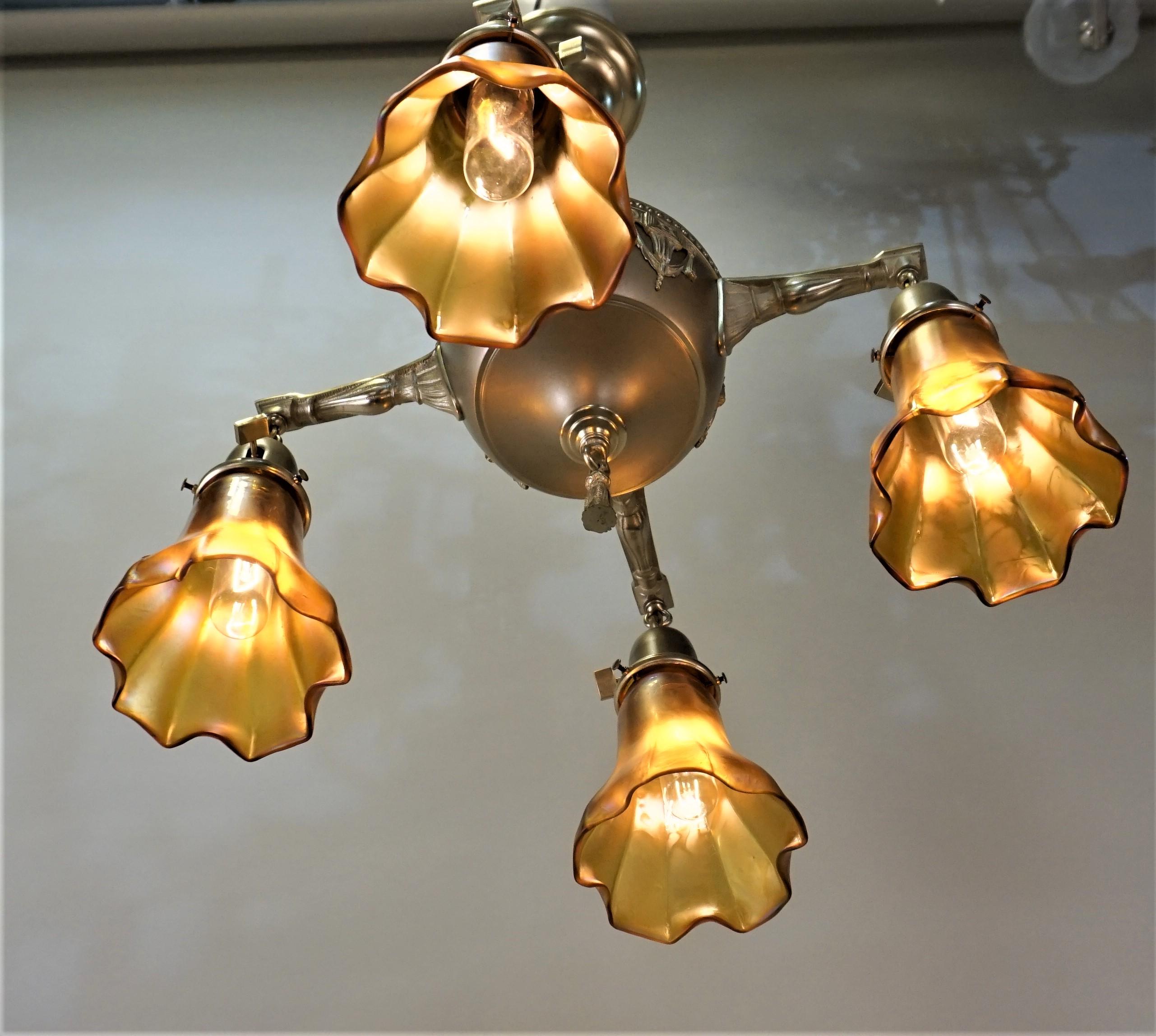 American 1920s Brass and Art Glass Chandelier 2