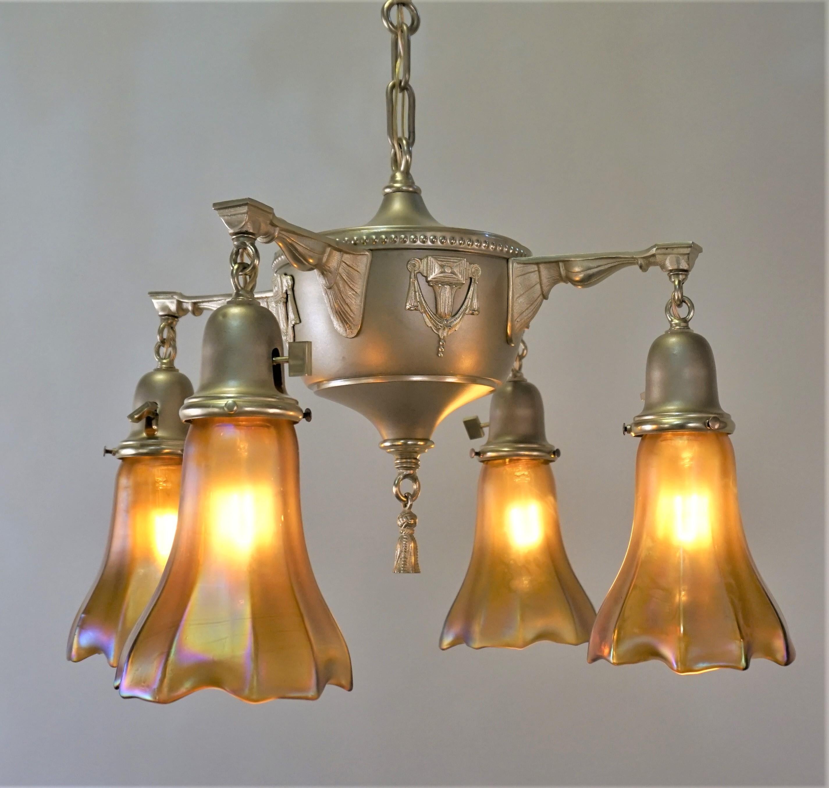 American 1920s Brass and Art Glass Chandelier 3