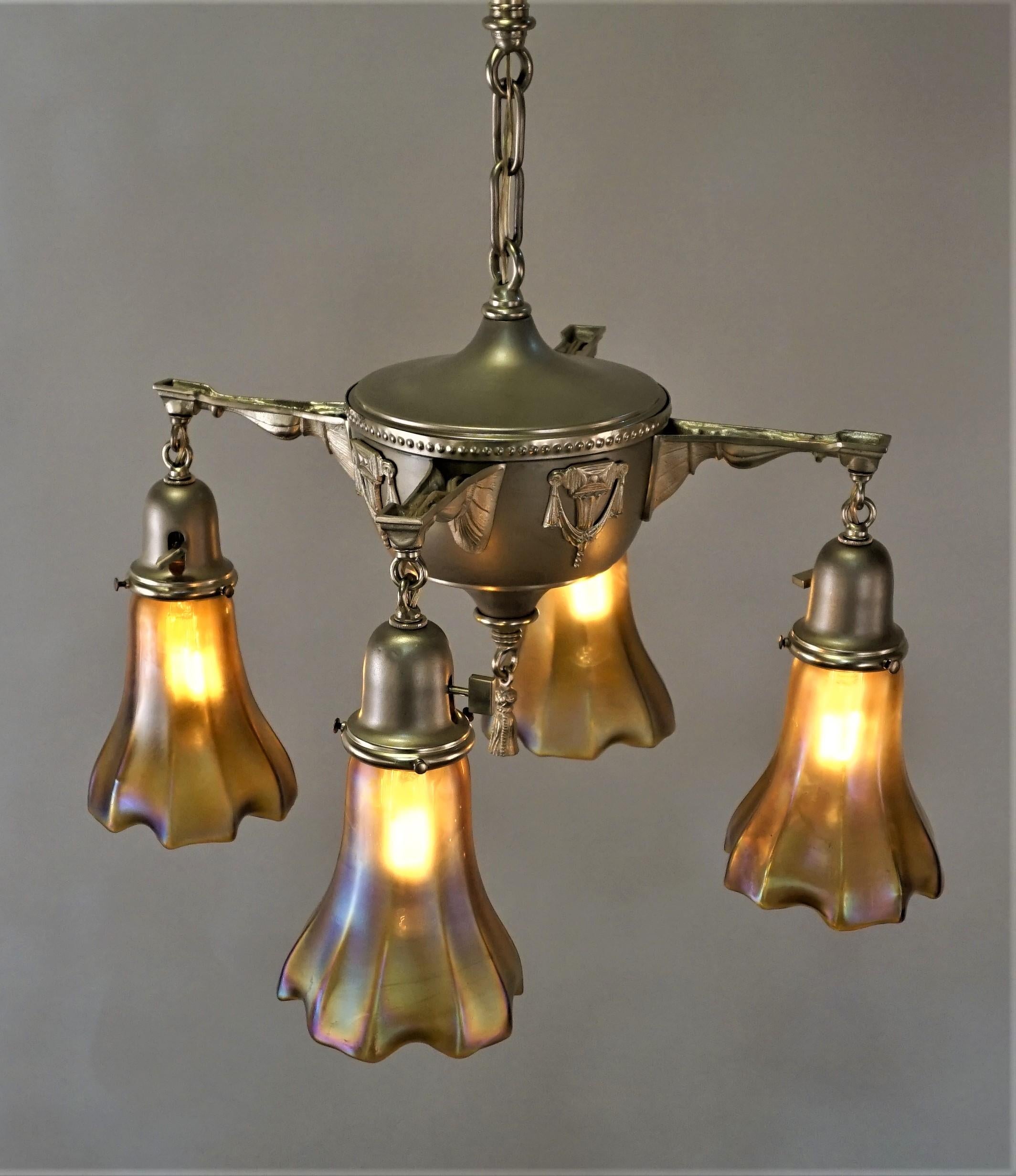 American 1920s Brass and Art Glass Chandelier 4