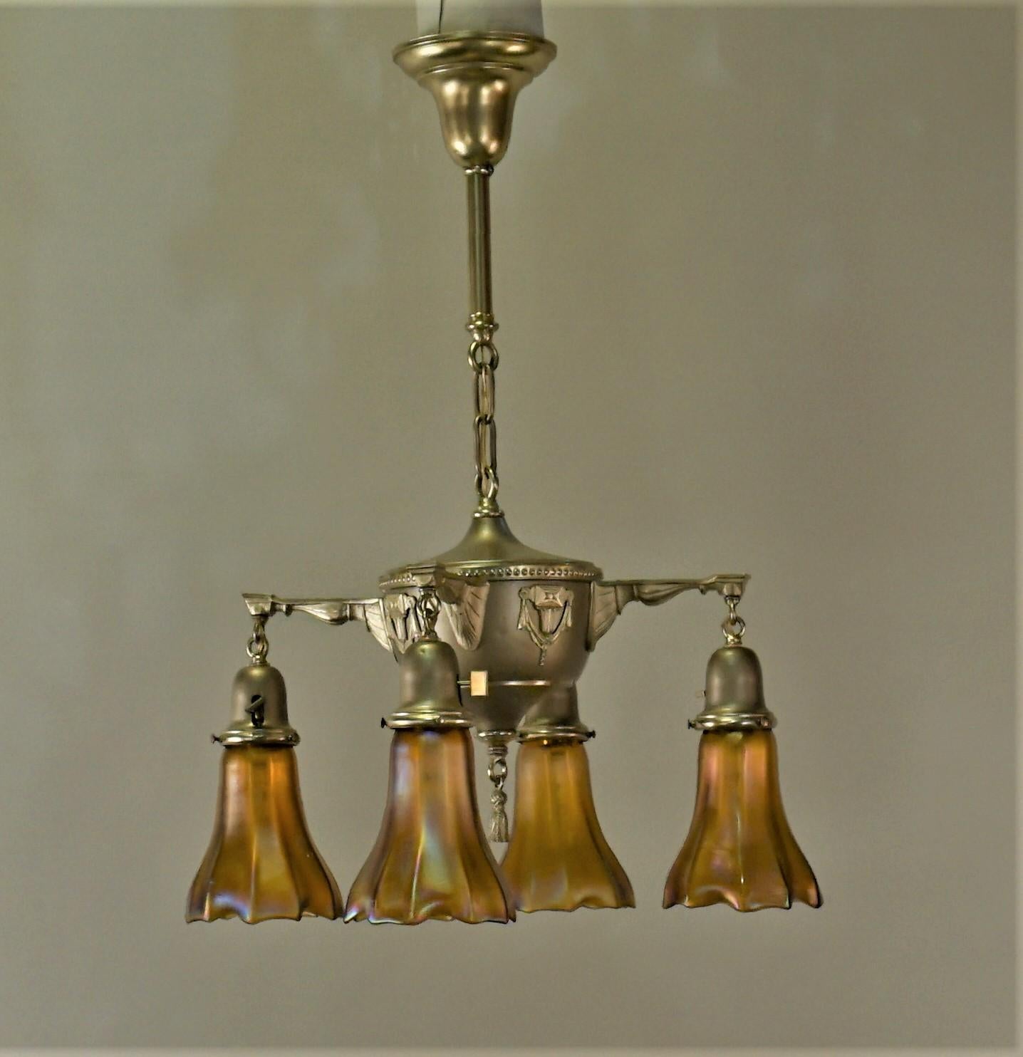 American 1920s Brass and Art Glass Chandelier 5