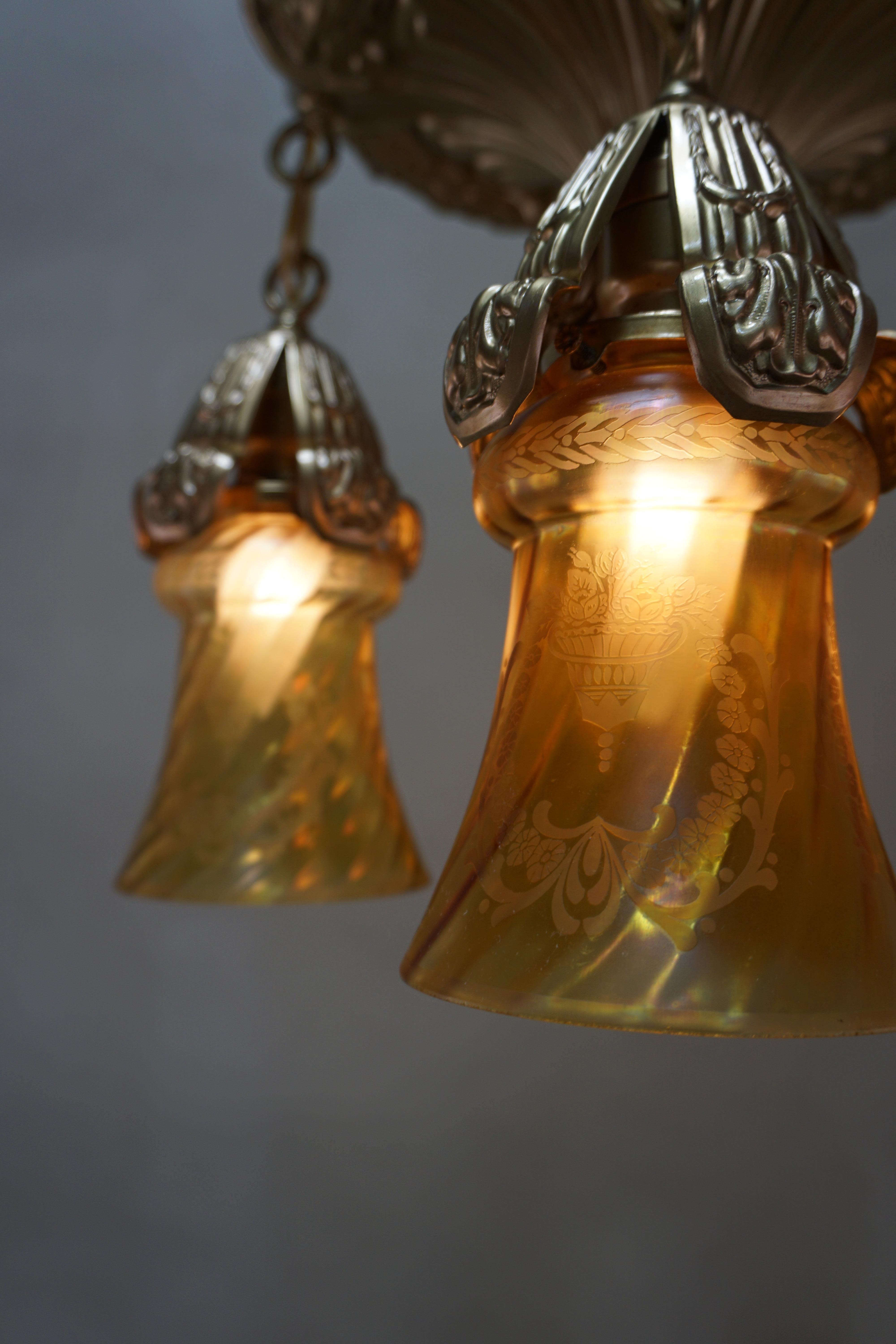 American 1920s Flush Mount Brass Chandelier 2