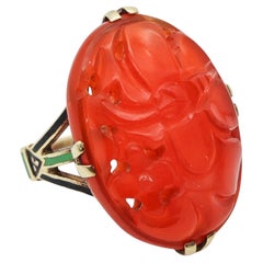 AMERICAN 1925 Art-Deco Cocktail Ring In 14Kt With Chinoiserie Carved Carnelian