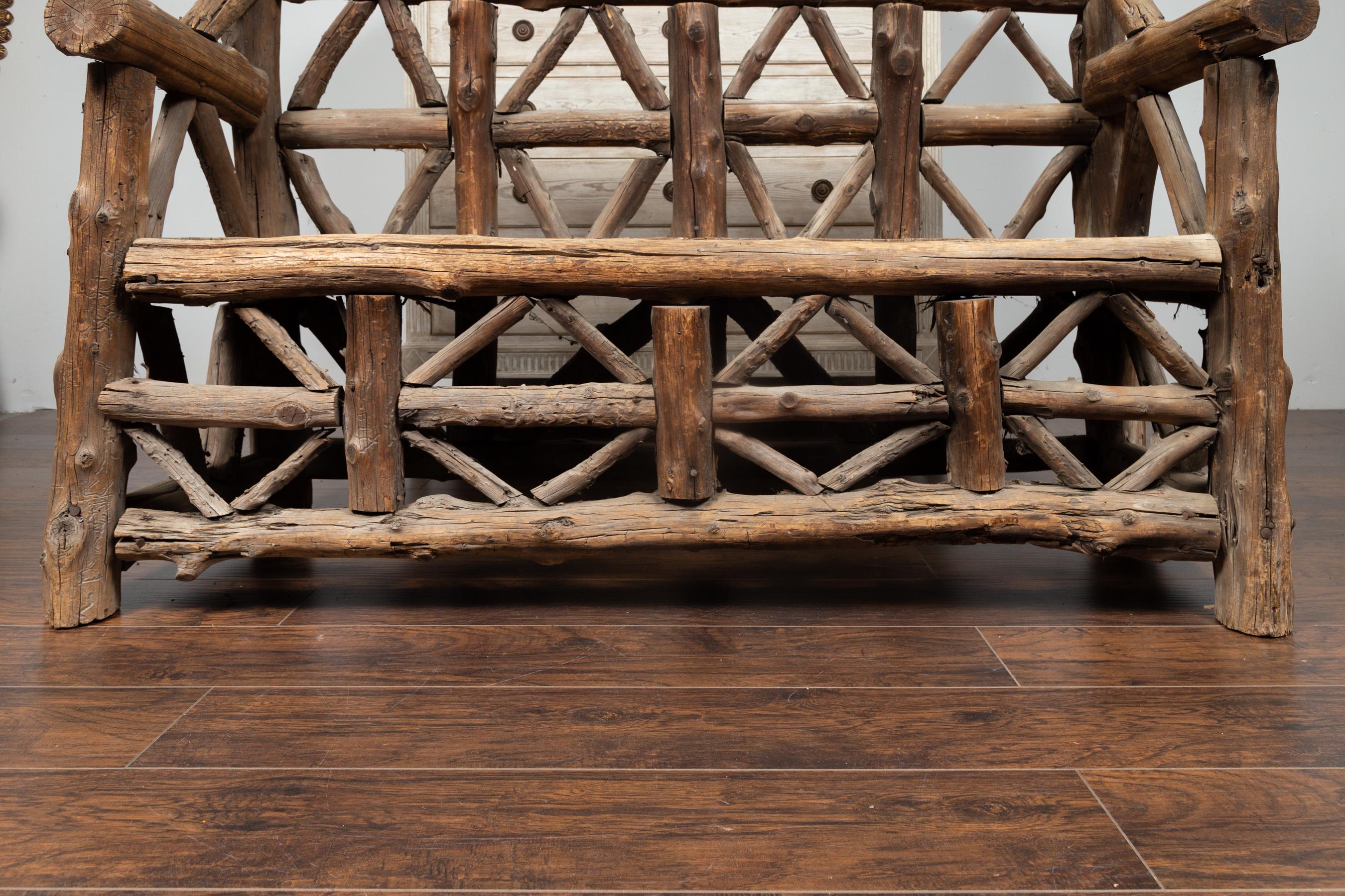 American 1930s Rustic Bench Made of Logs and Slatted Rectangular Seat 5