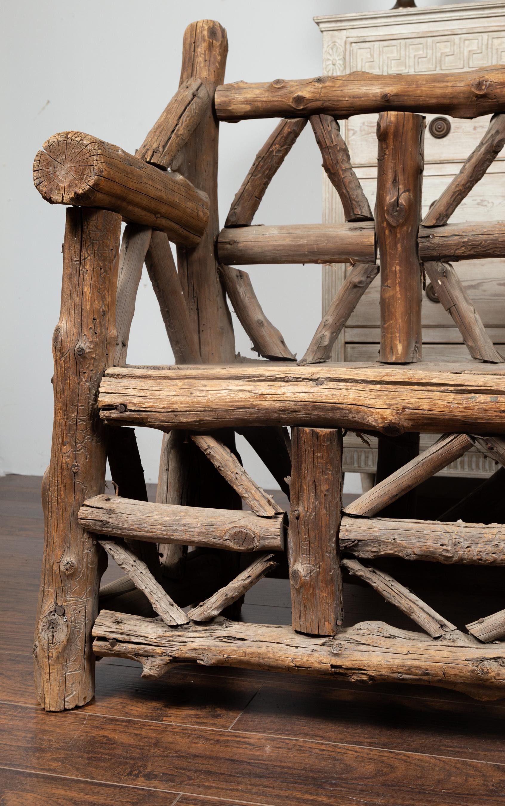 American 1930s Rustic Bench Made of Logs and Slatted Rectangular Seat 6