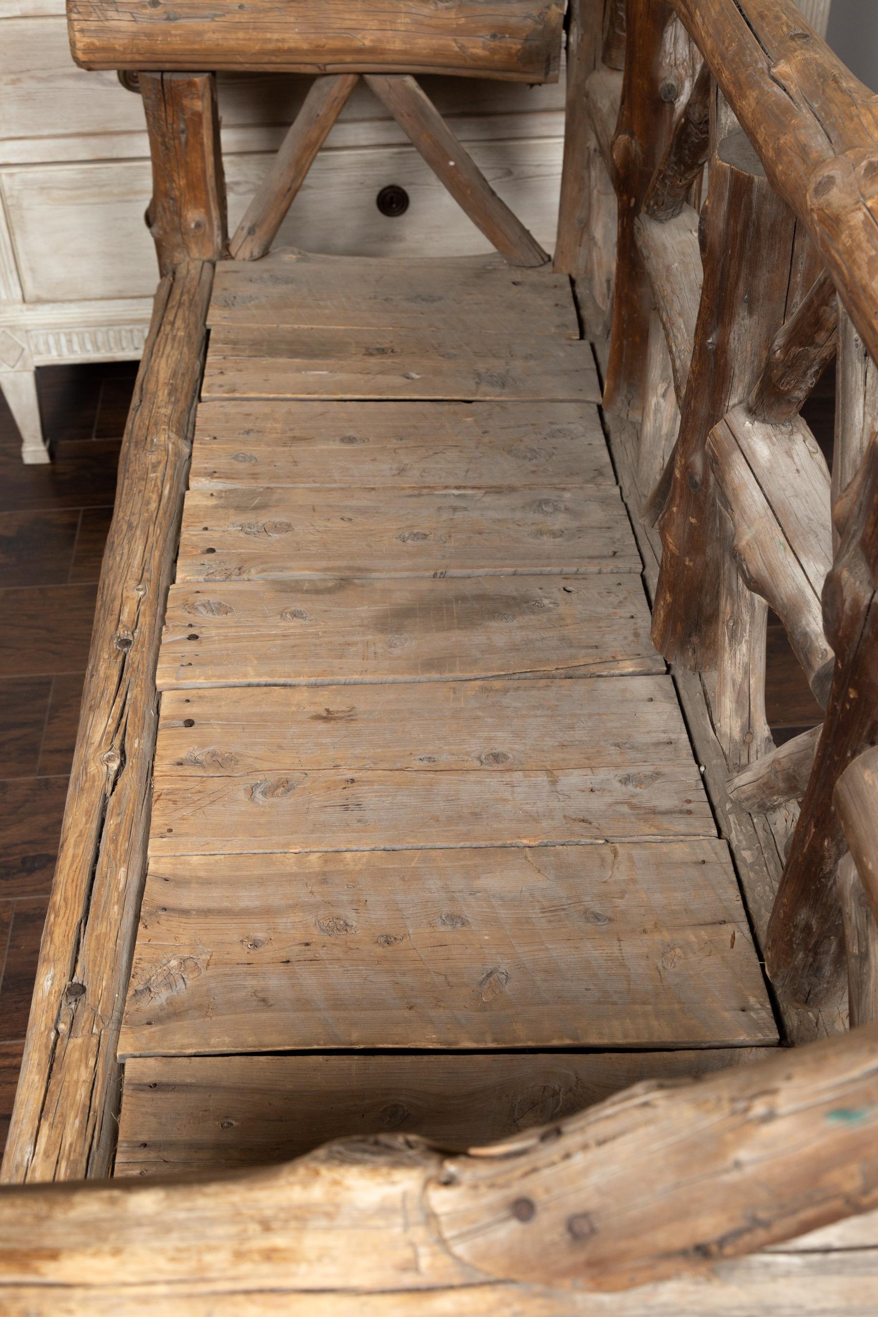 American 1930s Rustic Bench Made of Logs and Slatted Rectangular Seat 7