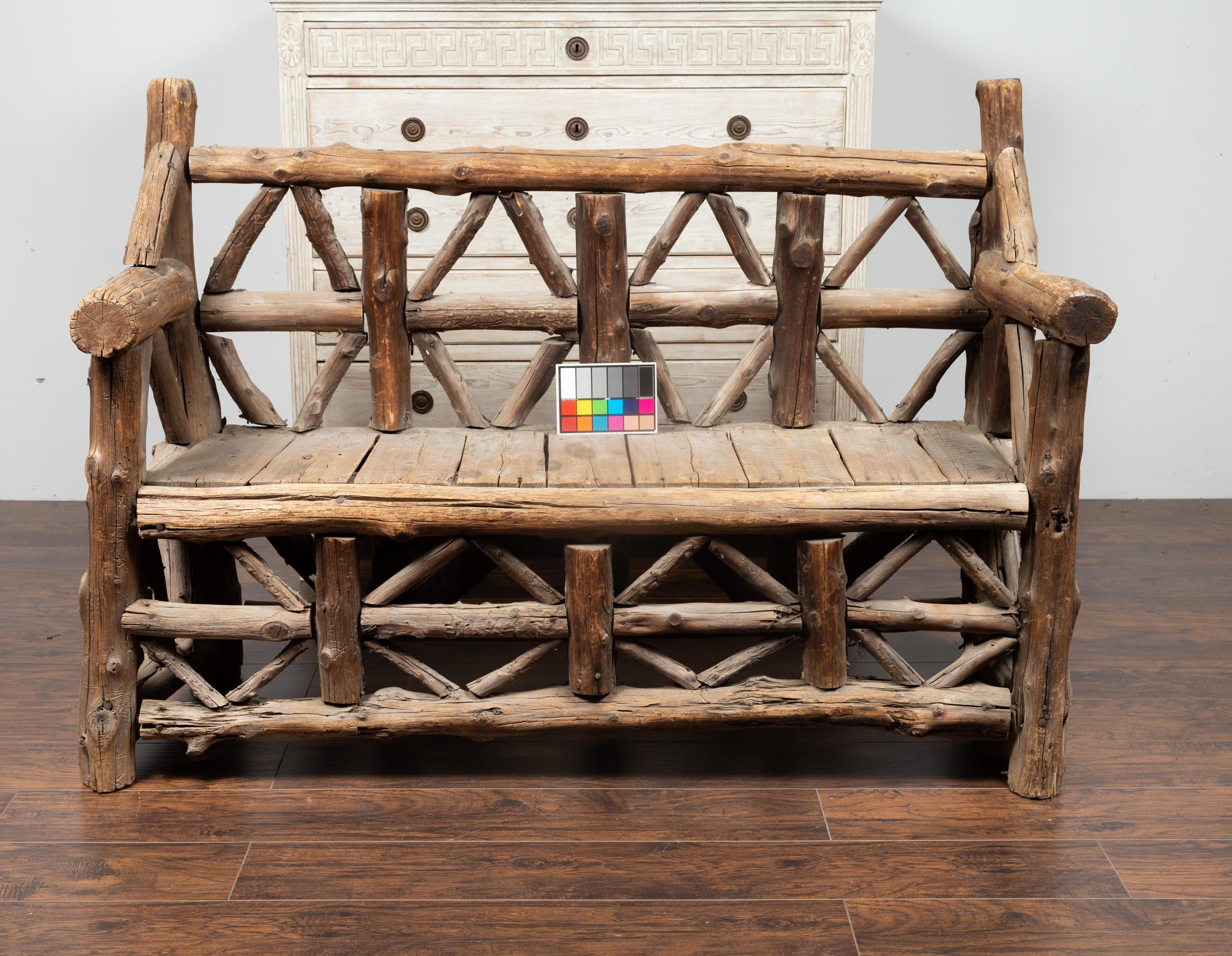 American 1930s Rustic Bench Made of Logs and Slatted Rectangular Seat 8