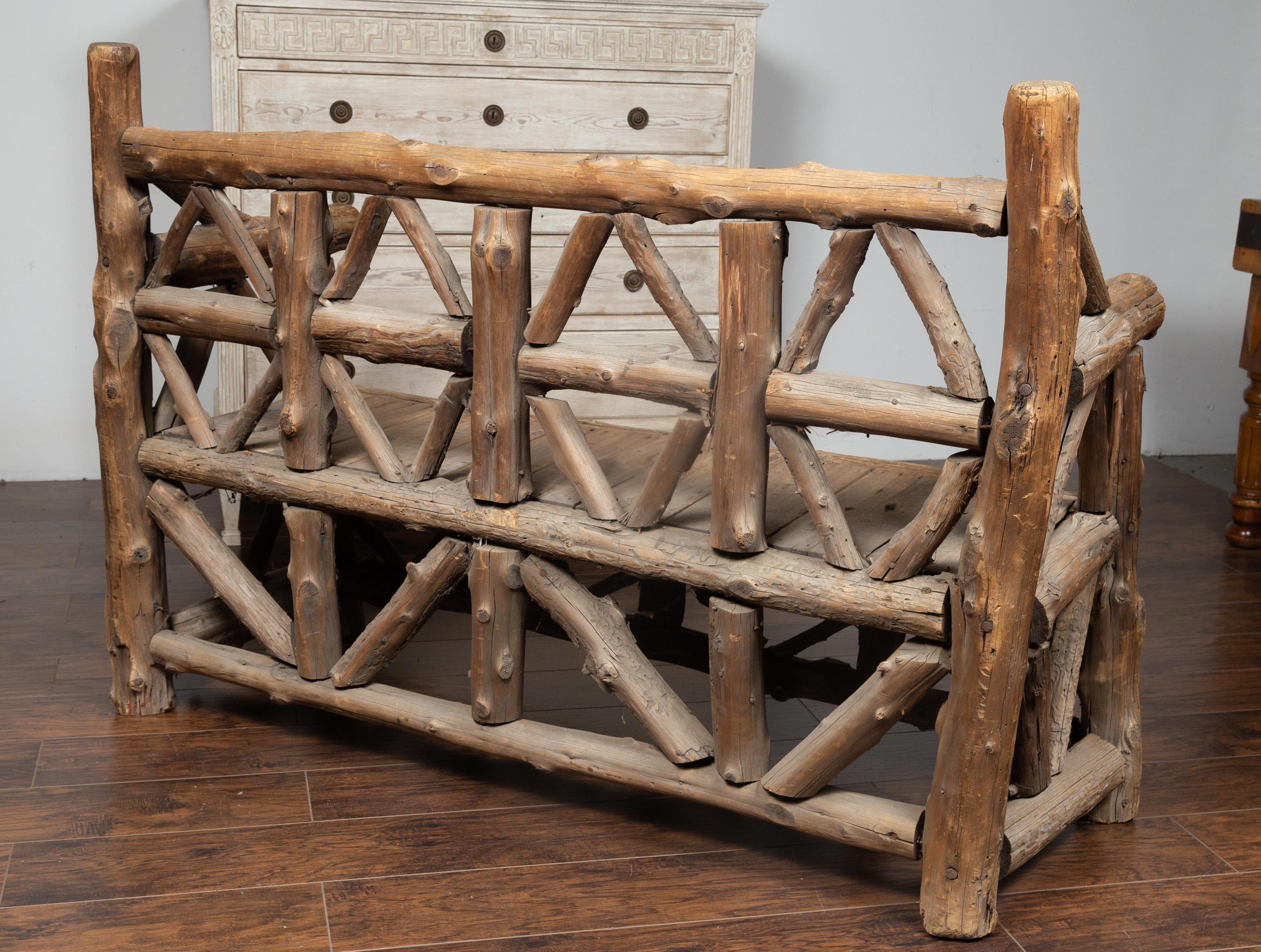 20th Century American 1930s Rustic Bench Made of Logs and Slatted Rectangular Seat