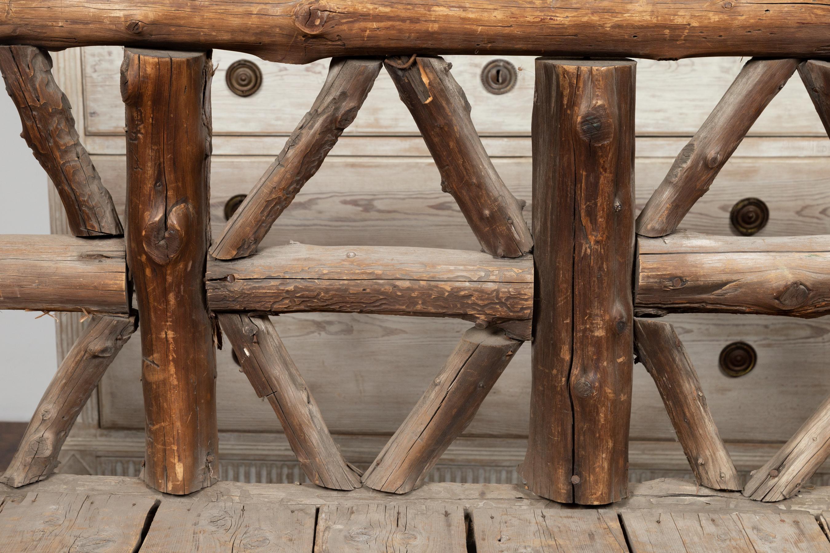 American 1930s Rustic Bench Made of Logs and Slatted Rectangular Seat 2