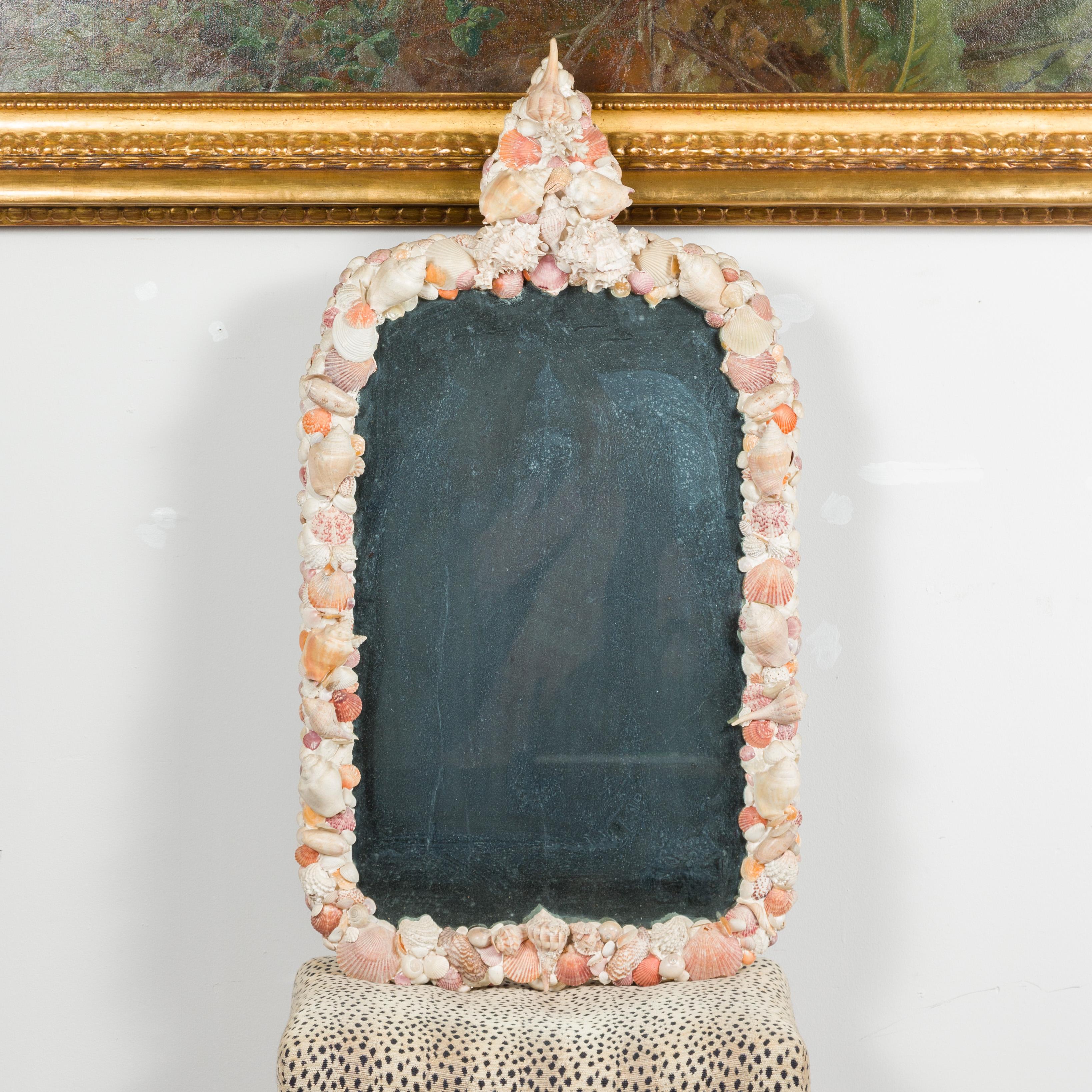 American 1930s Shell Mirror with Pyramidal Crest and Pastel Tones In Good Condition For Sale In Atlanta, GA