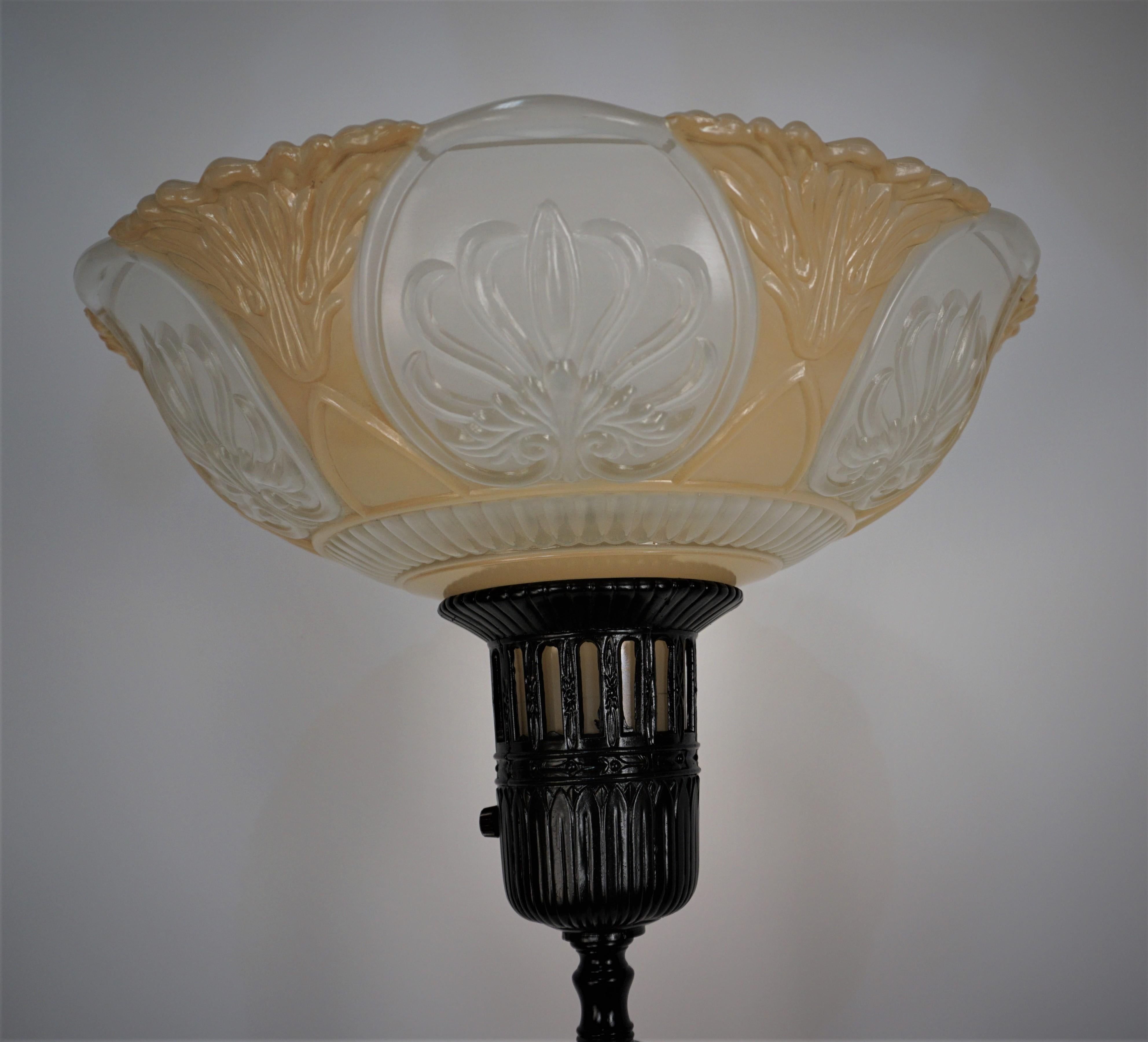 Mid-20th Century American 1930's Torchiere Floor Lamp with Original Glass Shade For Sale