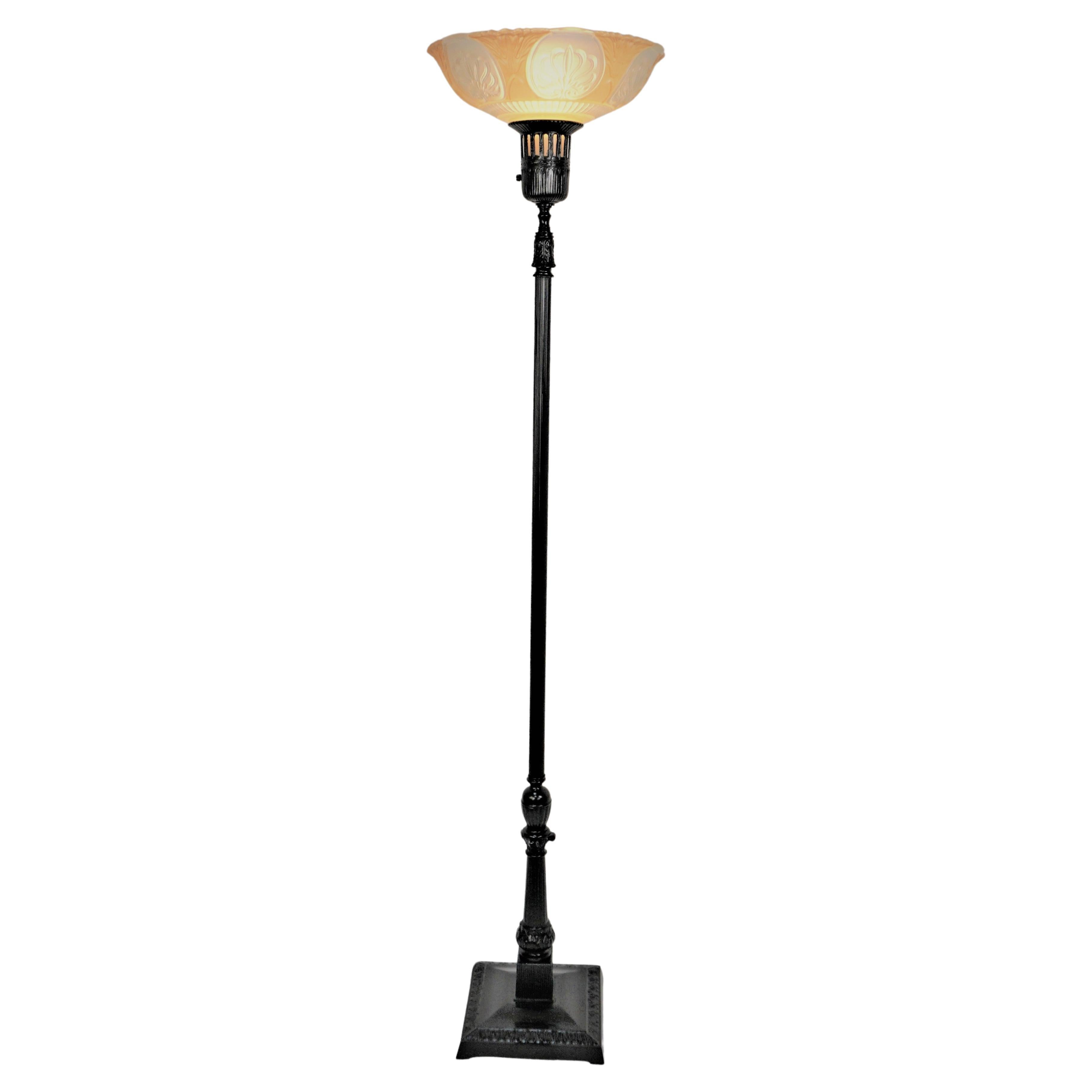American 1930's Torchiere Floor Lamp with Original Glass Shade For Sale
