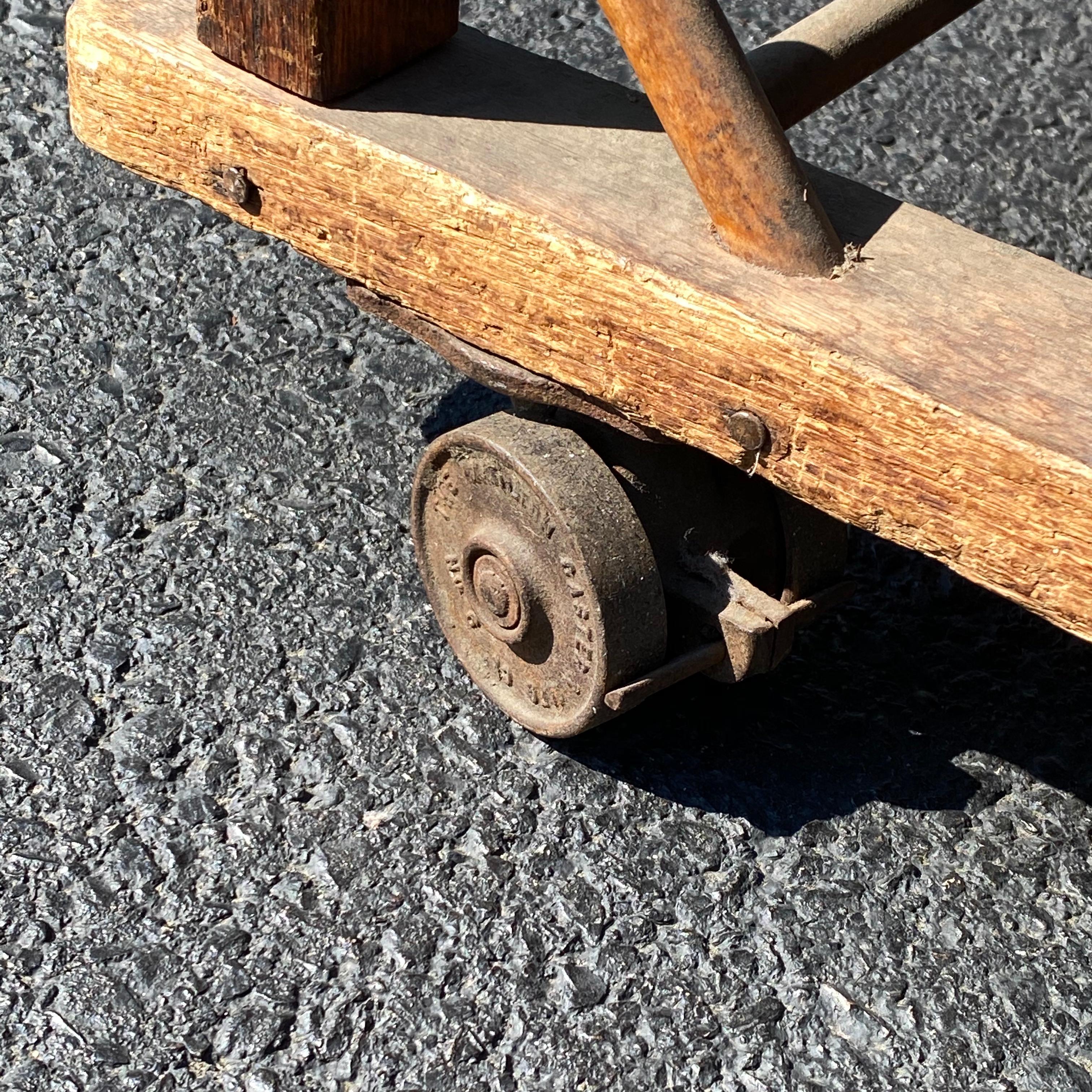 American 1930s Wooden Shelf, Cart or Bread Rack on Industrial Iron Wheels 4