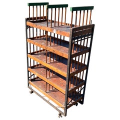 American 1930s Wooden Shelf, Cart or Bread Rack on Industrial Iron Wheels