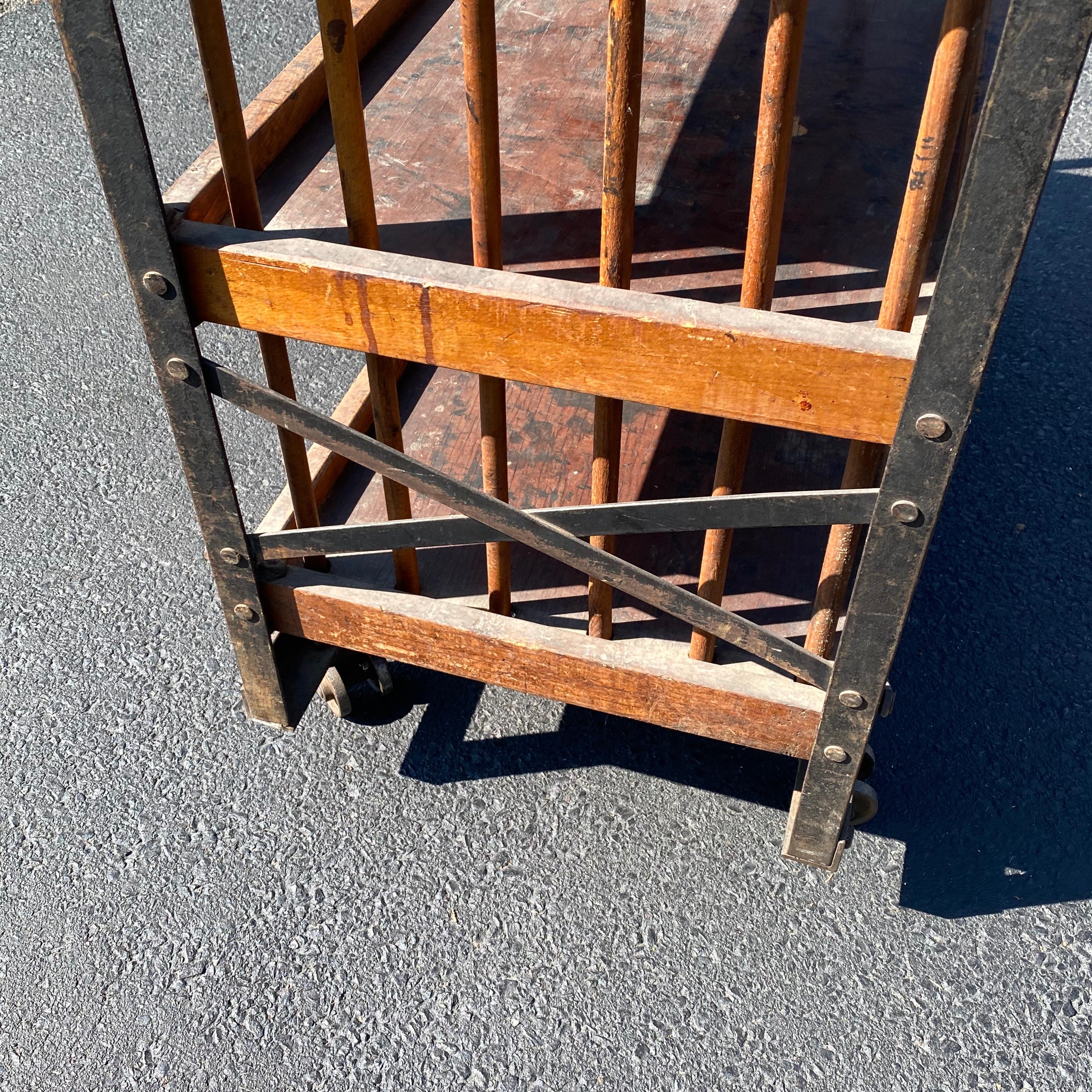 North American American 1930s Wooden Shelf, Cart or Bread Rack on Industrial Iron Wheels