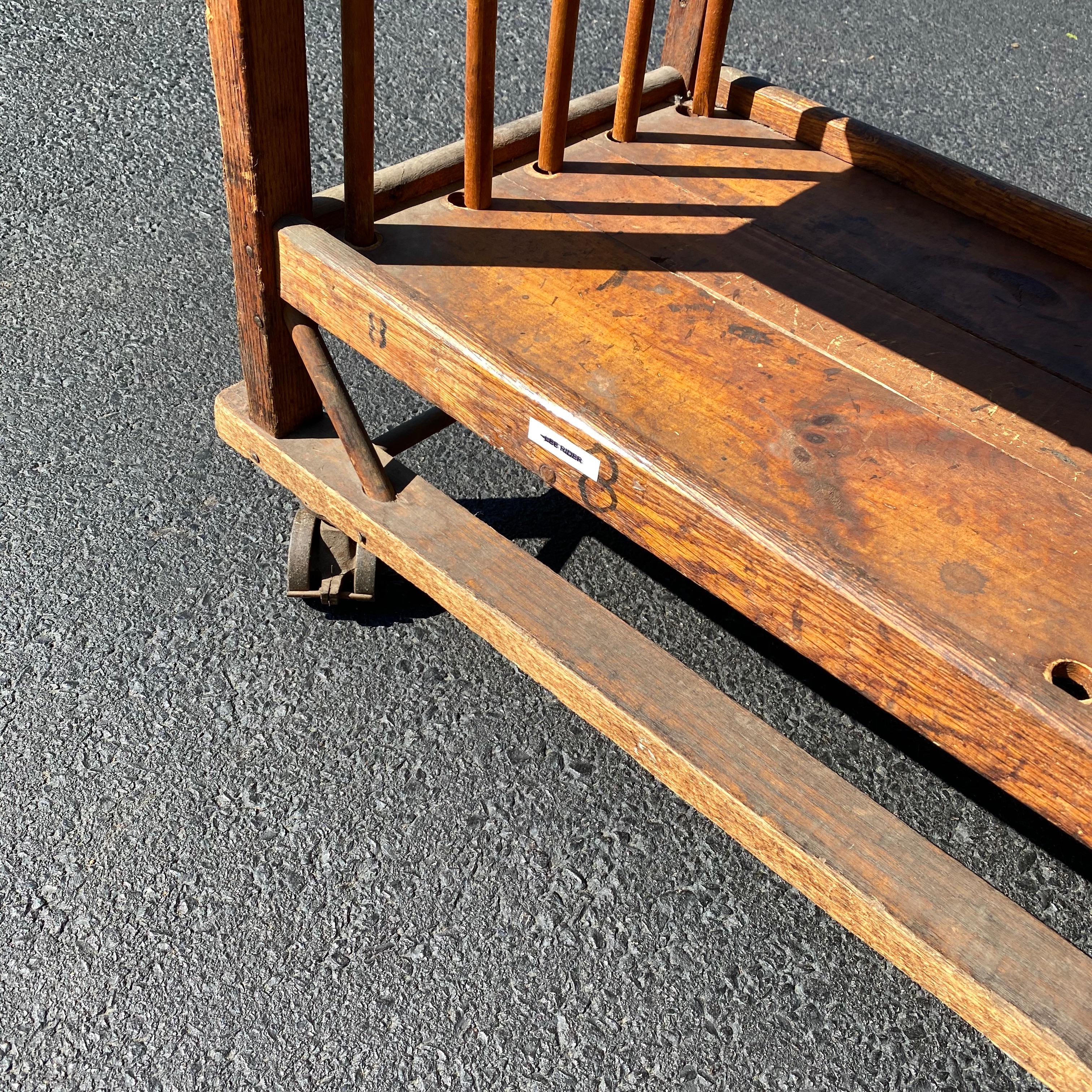 North American American 1930s Wooden Shelf, Cart or Bread Rack on Industrial Iron Wheels