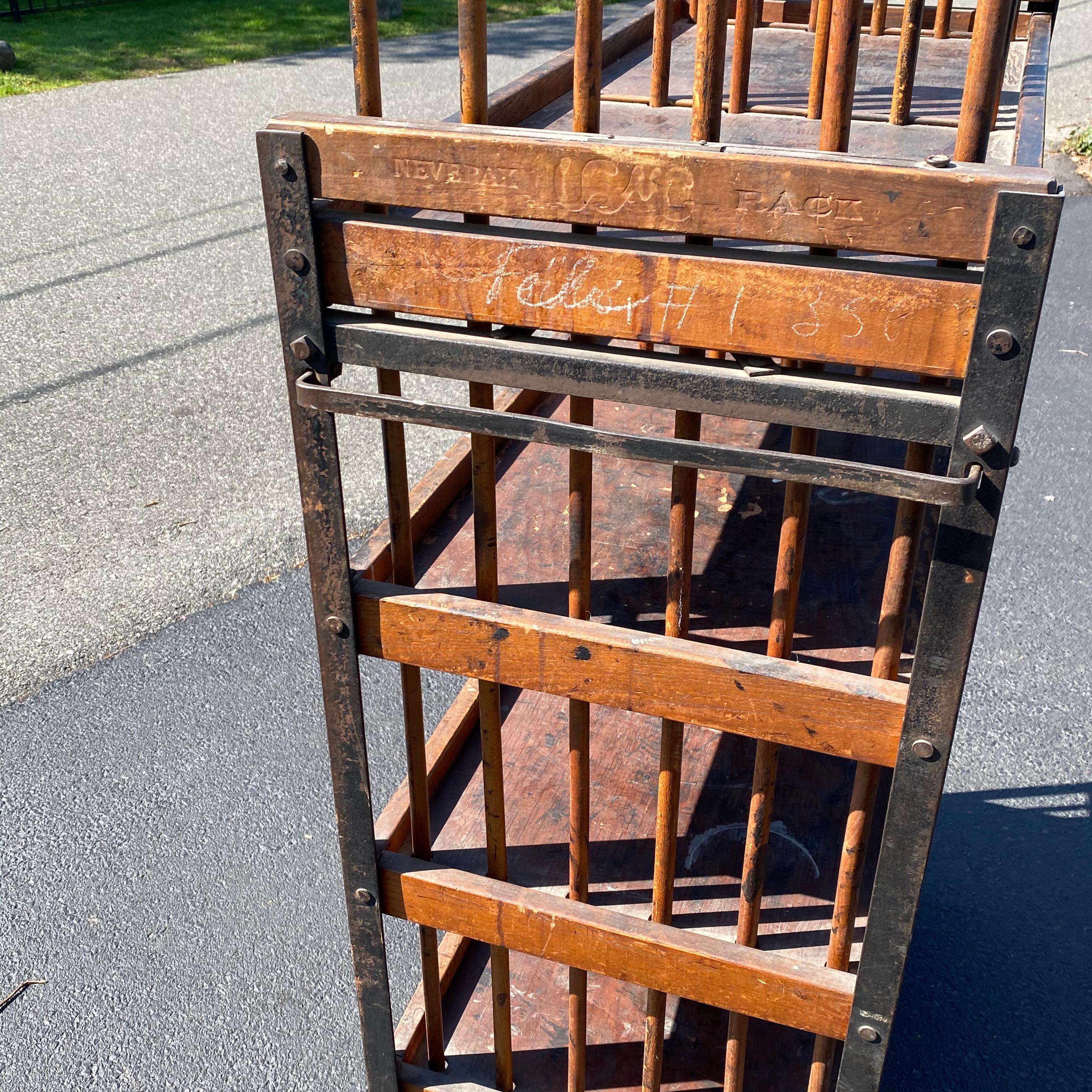 Hand-Crafted American 1930s Wooden Shelf, Cart or Bread Rack on Industrial Iron Wheels