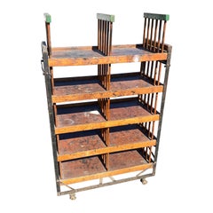 American 1930s Wooden Shelf, Cart or Bread Rack on Industrial Iron Wheels