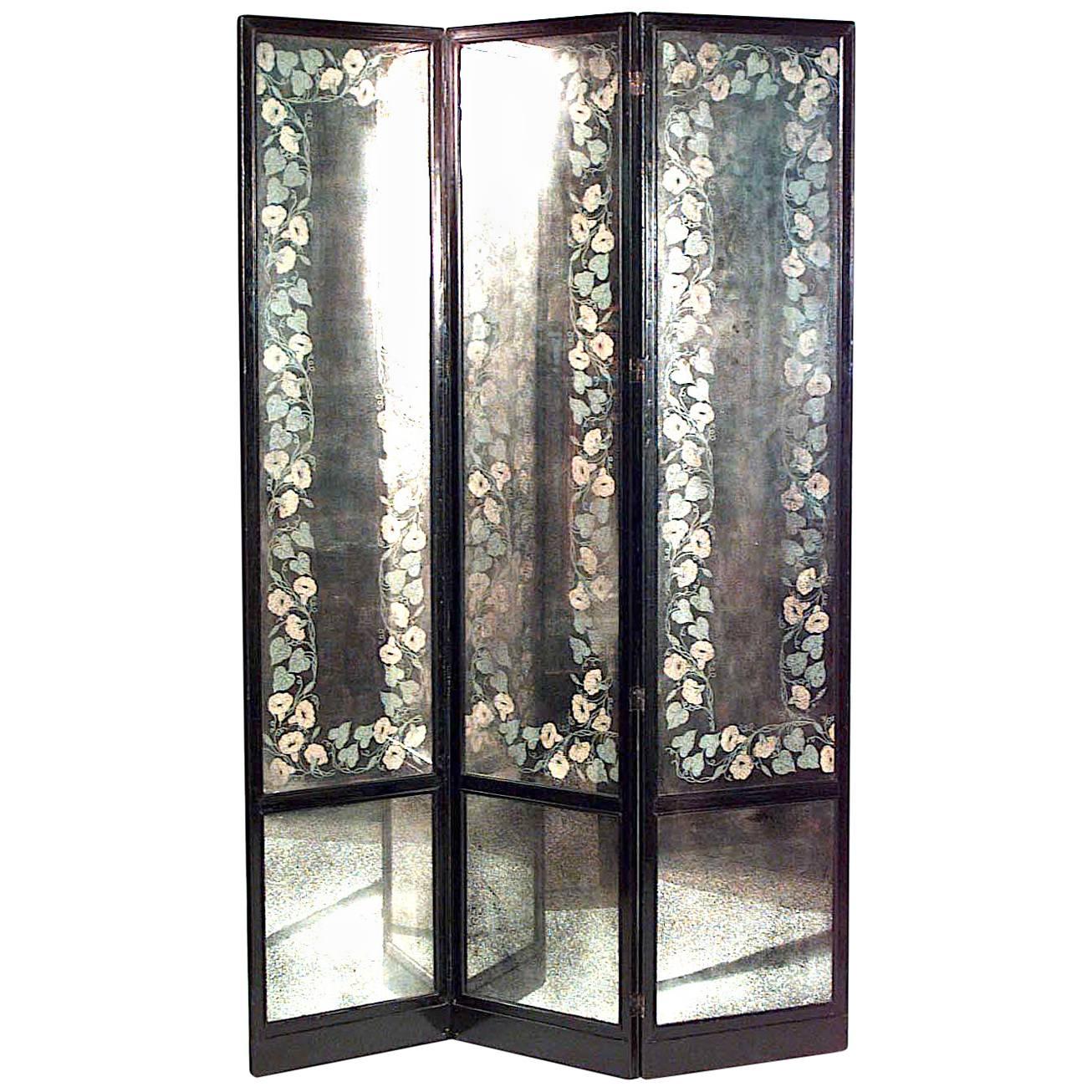 Mid-Century American Mirrored 3-Fold Screen with Lacquered Frame