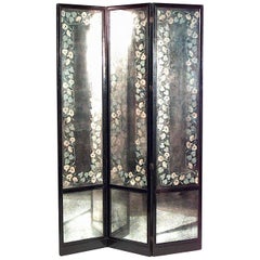 Antique Mid-Century American Mirrored 3-Fold Screen with Lacquered Frame