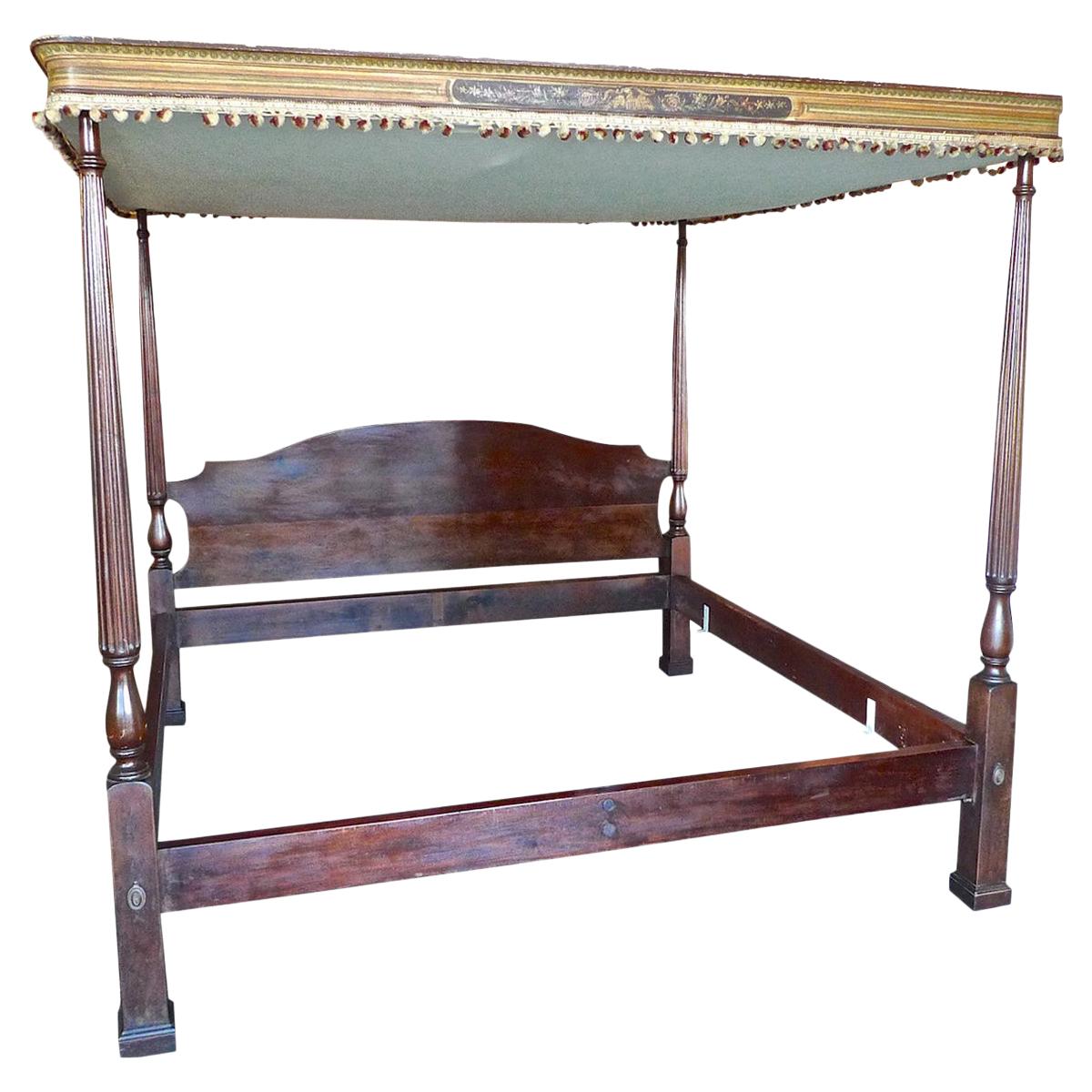 American 1940s Solid Mahogany 4 Poster Bed with Italian Hand Painted Canopy
