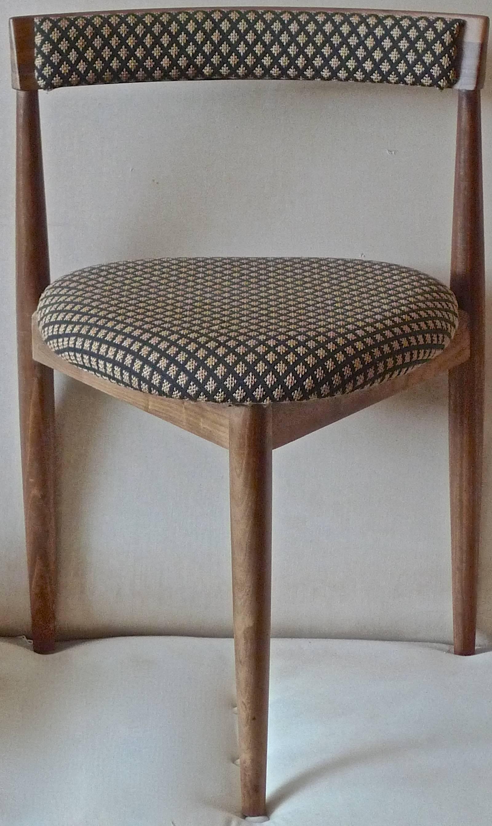 Danish 1960s Walnut Three-Legged Side Chair Upholstered with New Fabric In Good Condition In Santa Monica, CA