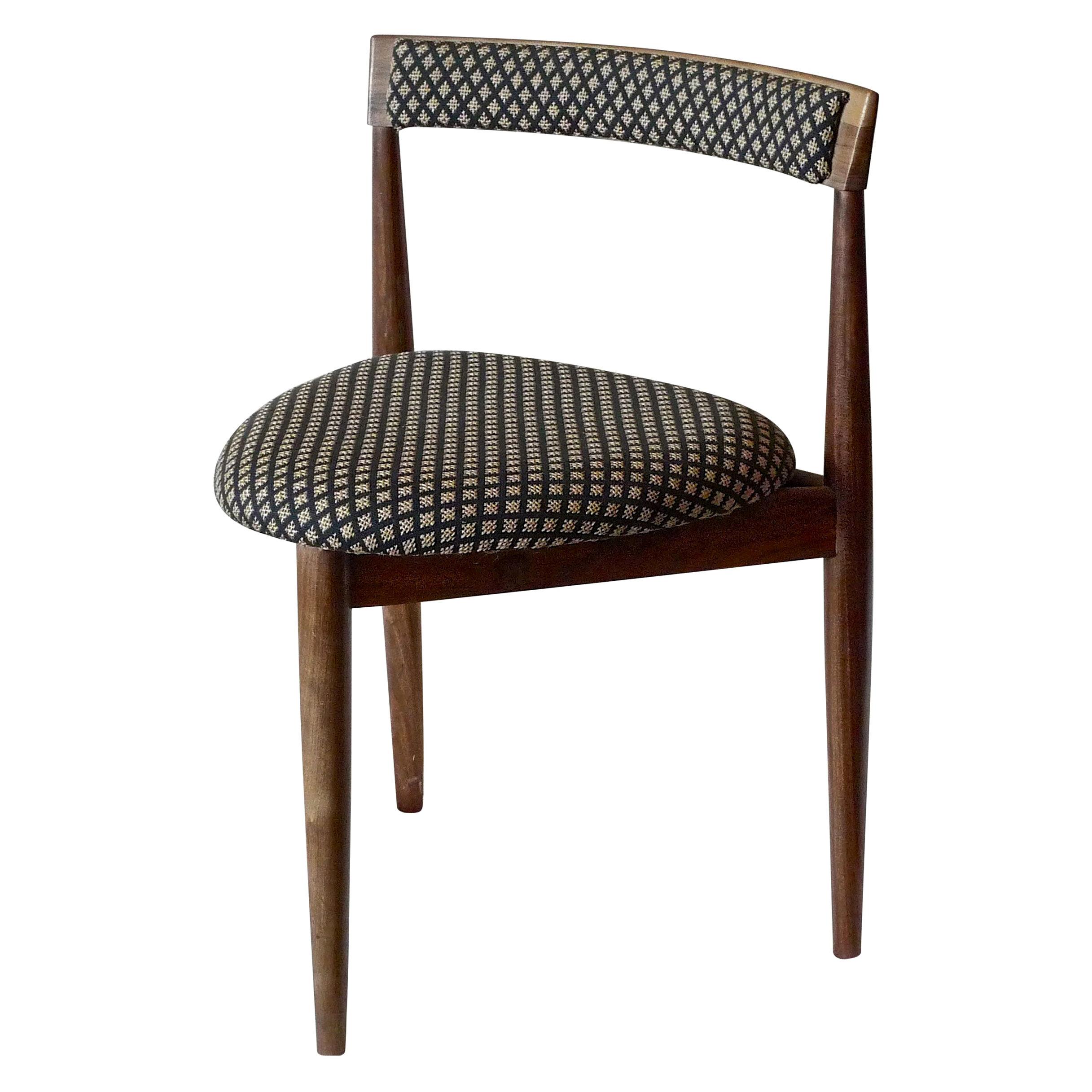 Danish 1960s Walnut Three-Legged Side Chair Upholstered with New Fabric