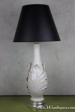 American 1940s White Ceramic Table Lamp with Sculptural Leaf Motif