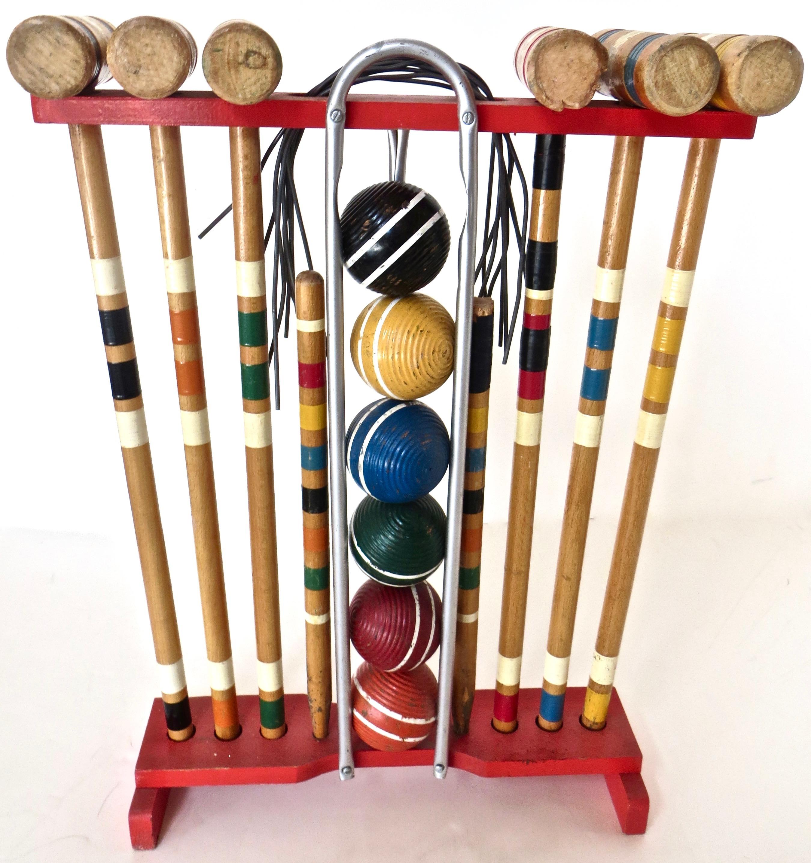 Folk Art American 1940s Wooden Croquet Set on Stand; for Six Players; Complete