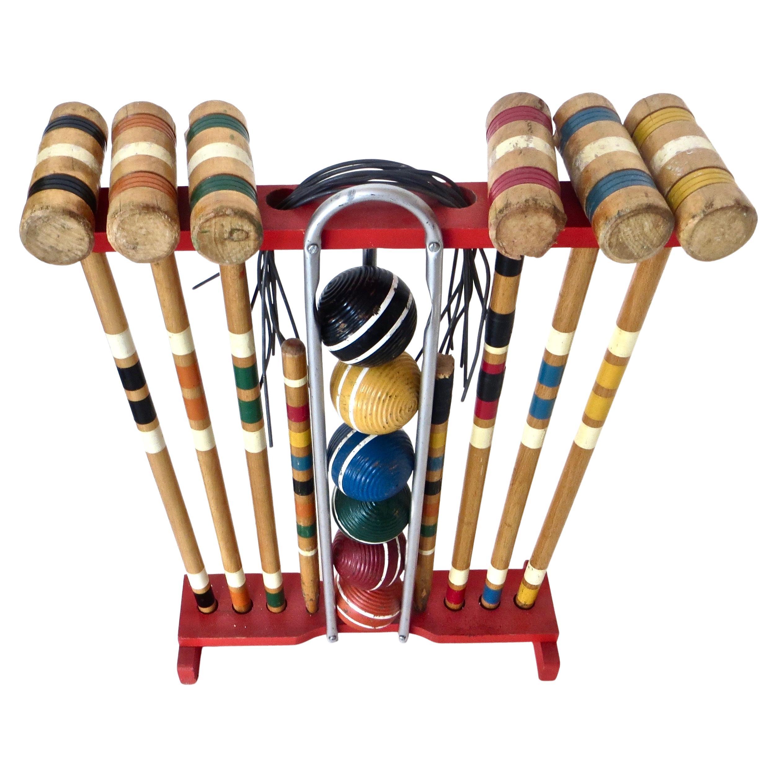 American 1940s Wooden Croquet Set on Stand; for Six Players; Complete