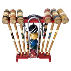 Used American 1940s Wooden Croquet Set on Stand; for Six Players; Complete