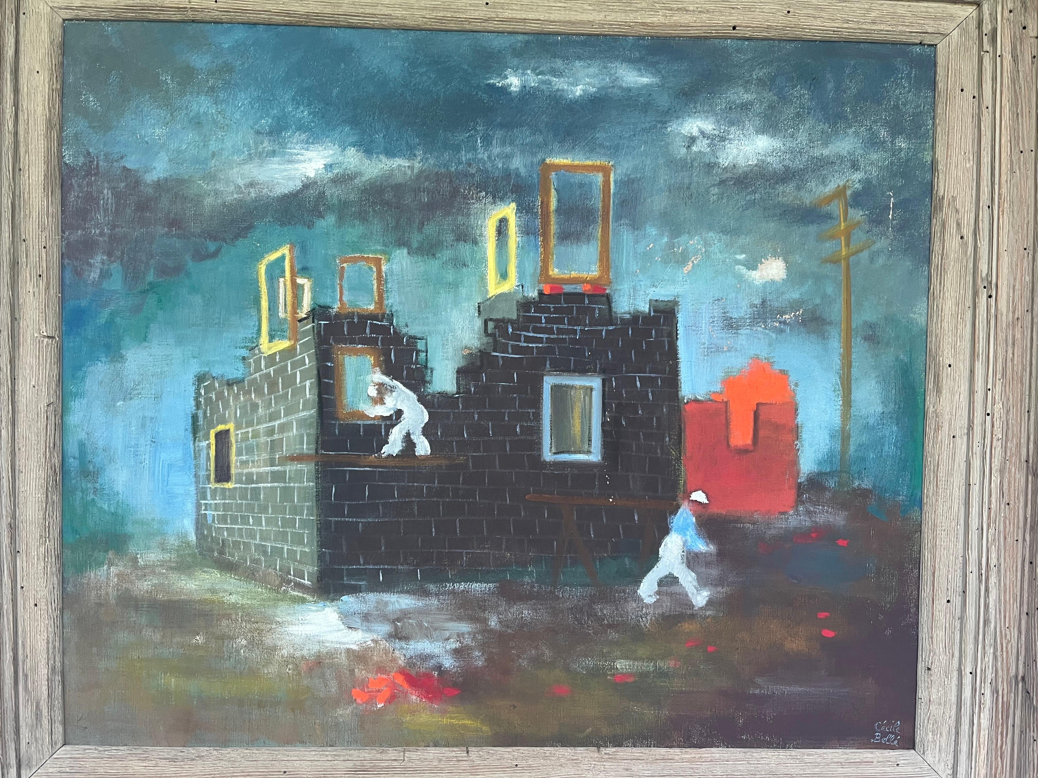 An American circa 1940’s WPA / surrealist style landscape painting by French American female artist Cecile Belle. The oil on canvas painting depicts the builders of a structure set amongst a sparse, urban, industrial landscape. The style is WPA and
