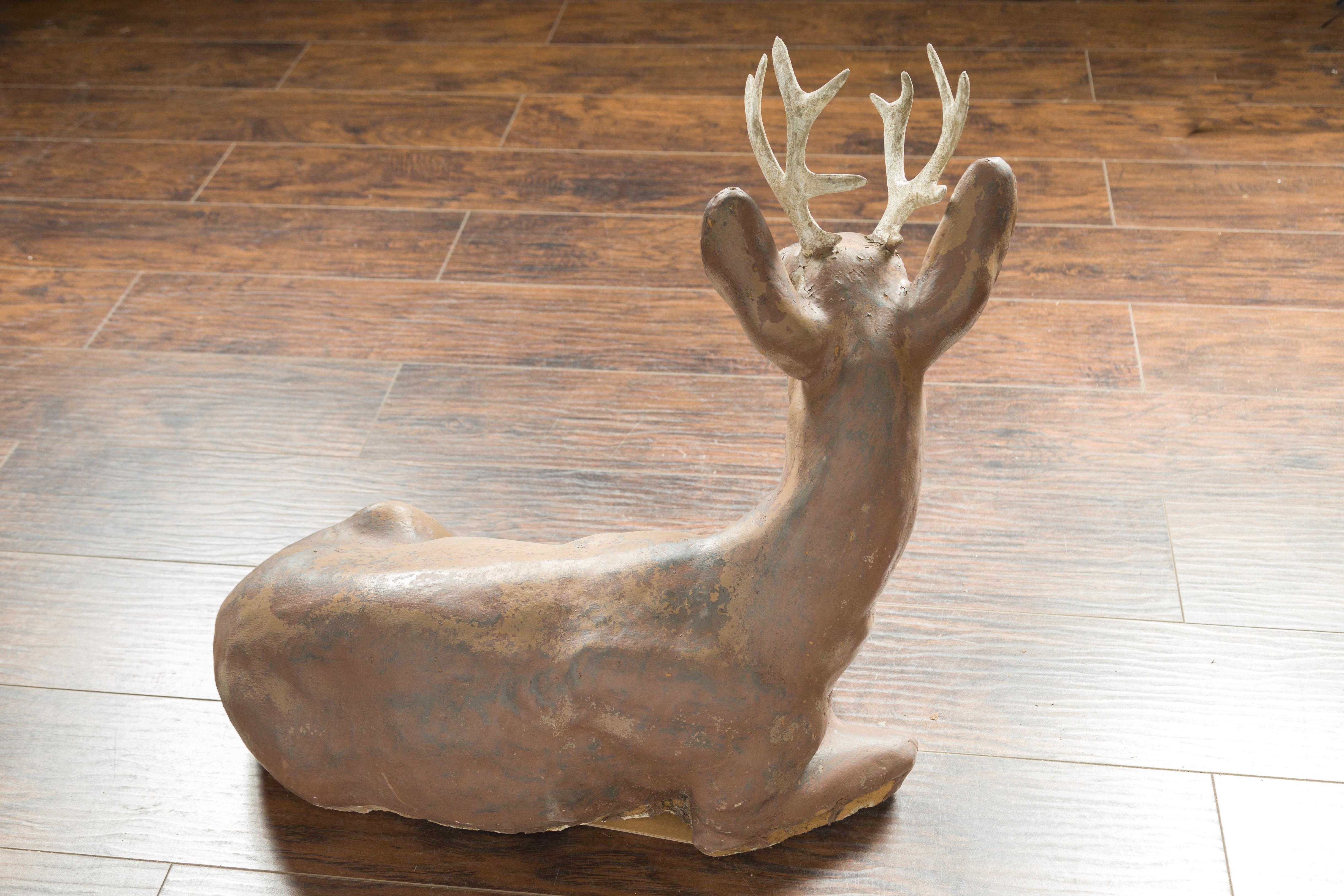 American 1950s Concrete Reclining Deer with Antlers and Weathered Appearance For Sale 1