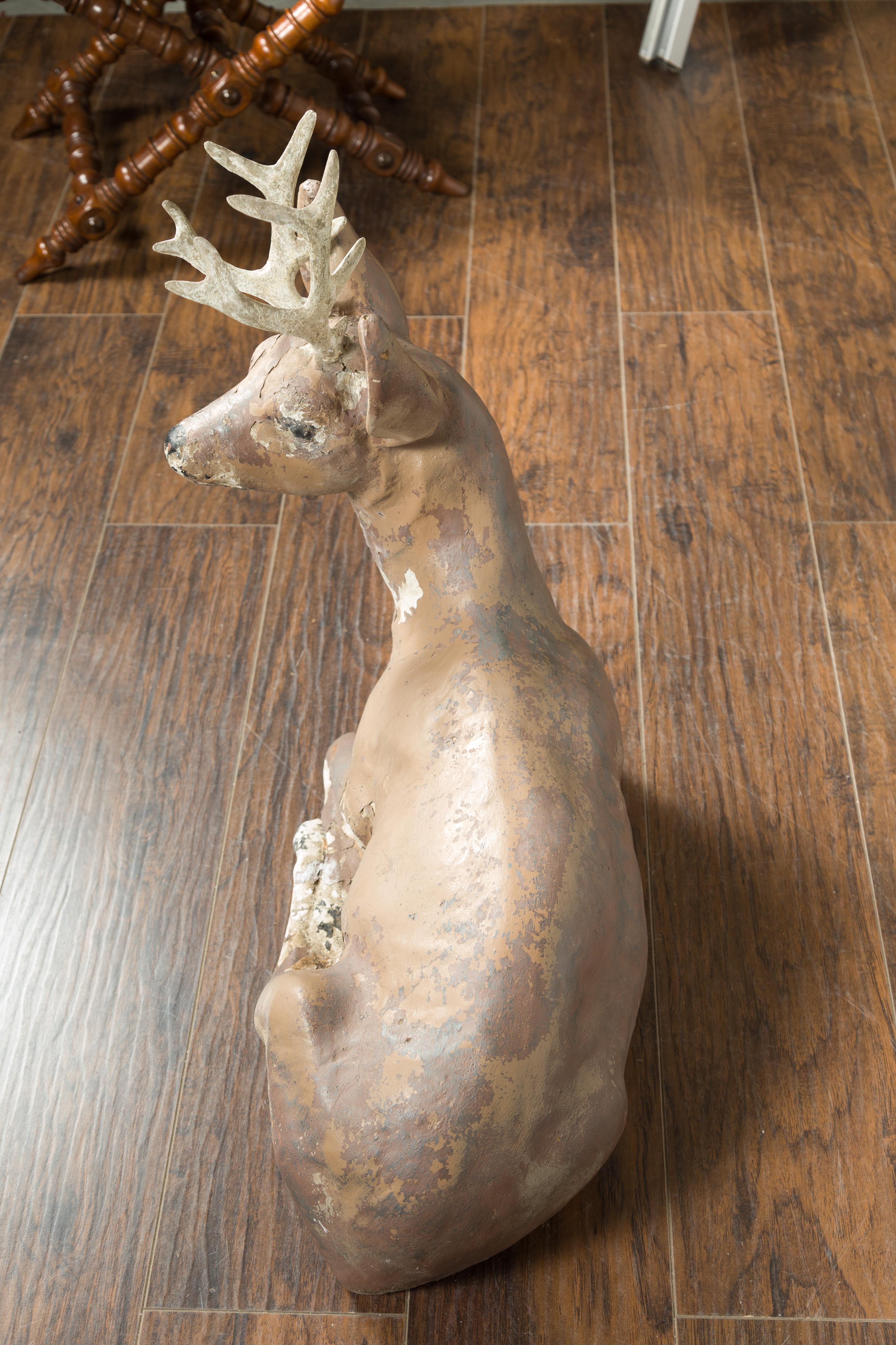 American 1950s Concrete Reclining Deer with Antlers and Weathered Appearance For Sale 2