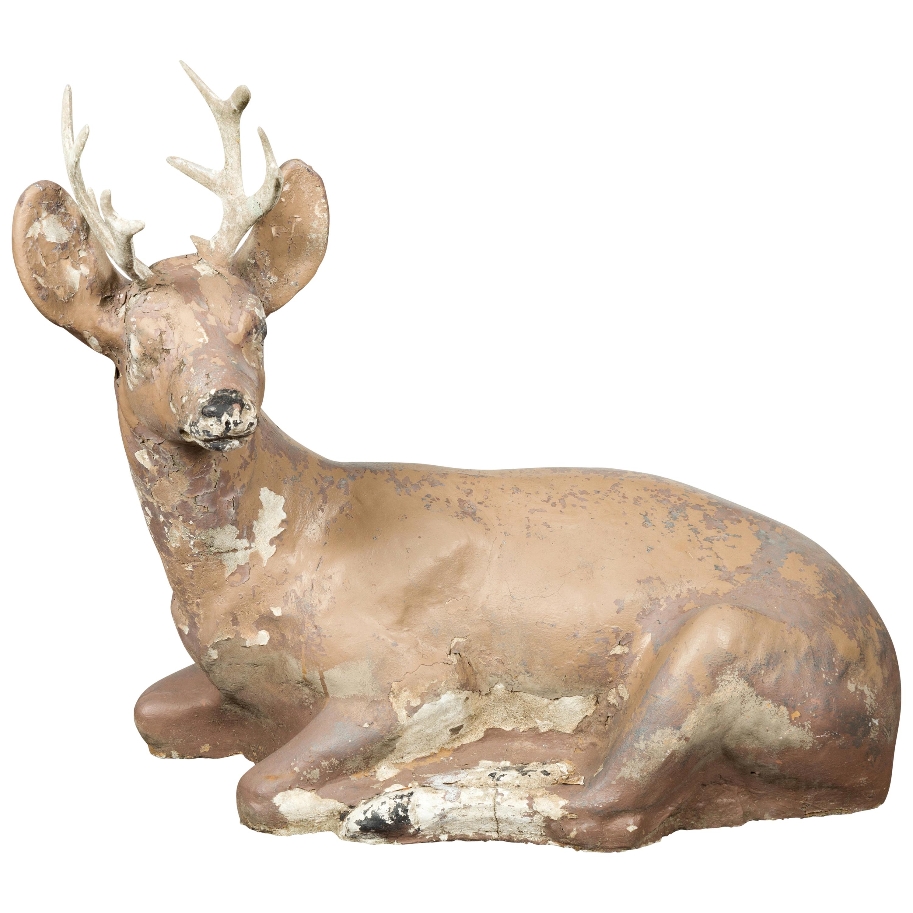 American 1950s Concrete Reclining Deer with Antlers and Weathered Appearance