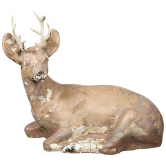 American 1950s Concrete Reclining Deer with Antlers and Weathered Appearance