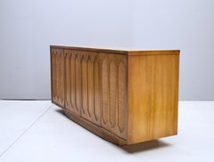 American 1950s Empty Stereo Console Cabinet Wicker Cane + Diamond Form Accents