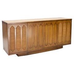 American 1950s Empty Stereo Console Cabinet Wicker Cane + Diamond Form Accents