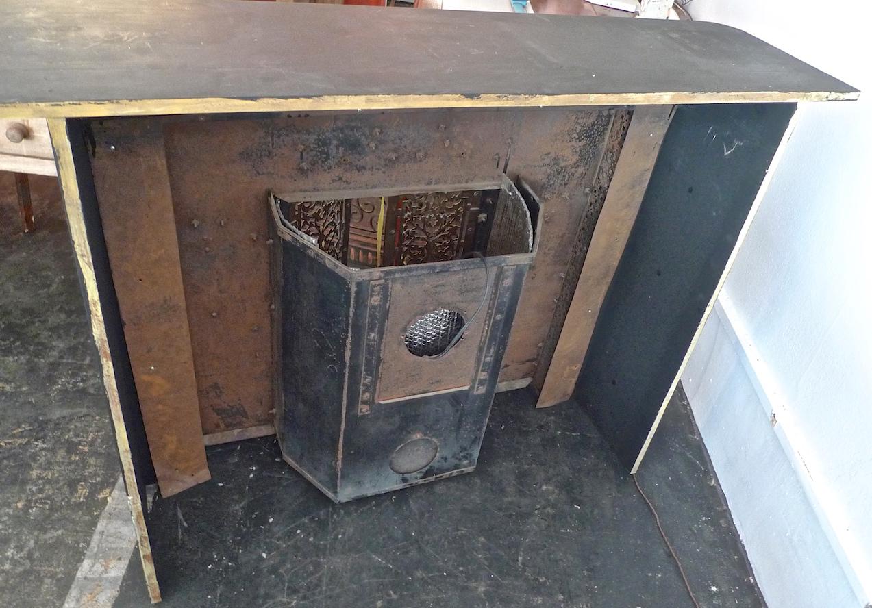 American 1960s Metal Bronze Faux Electric Fireplace with Hearth and Wood Mantel 9
