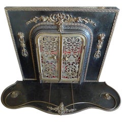 American 1960s Metal Bronze Faux Electric Fireplace with Hearth and Wood Mantel