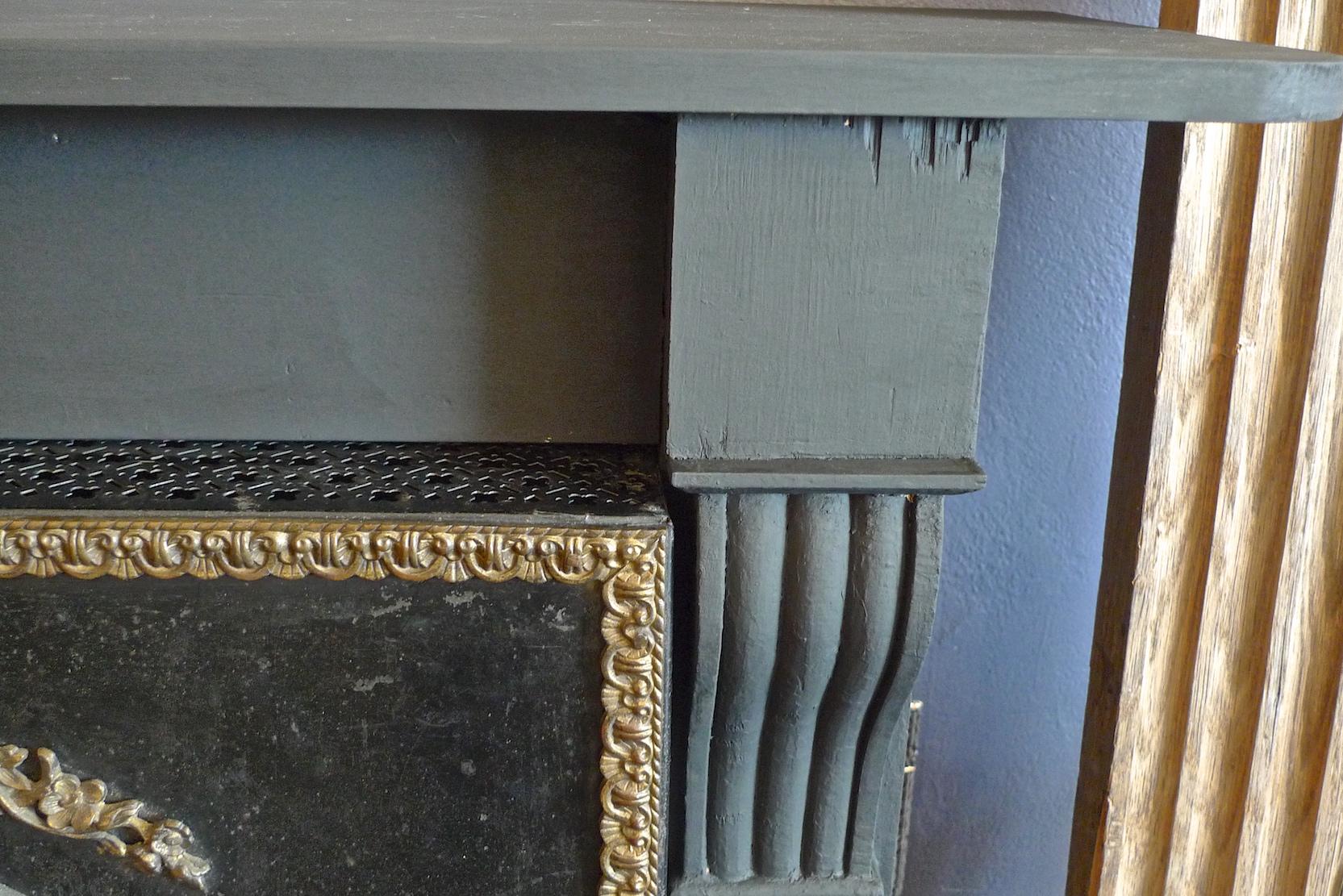 American 1960s Metal Bronze Faux Electric Fireplace with Hearth and Wood Mantel 1