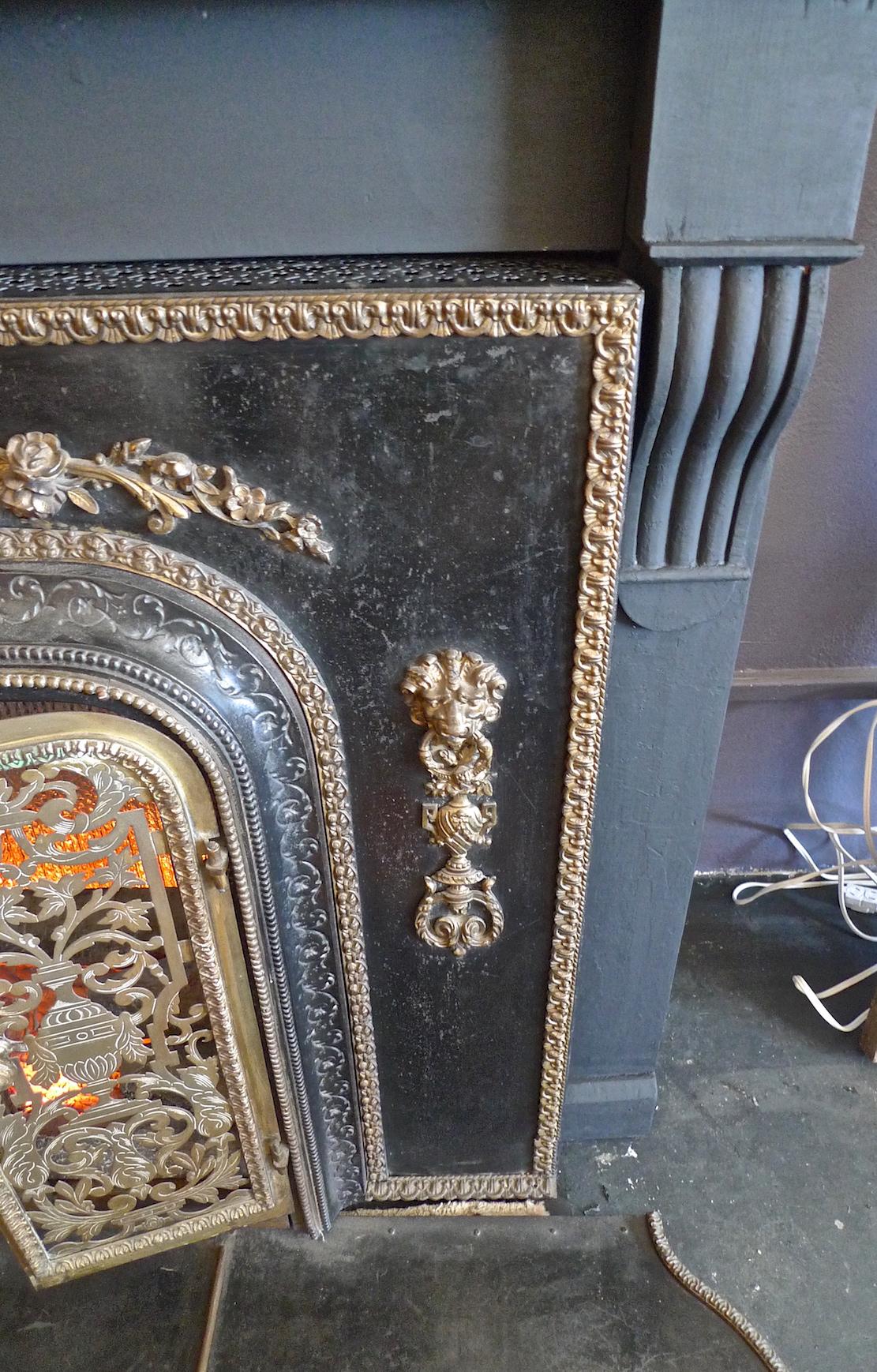 American 1960s Metal Bronze Faux Electric Fireplace with Hearth and Wood Mantel 2