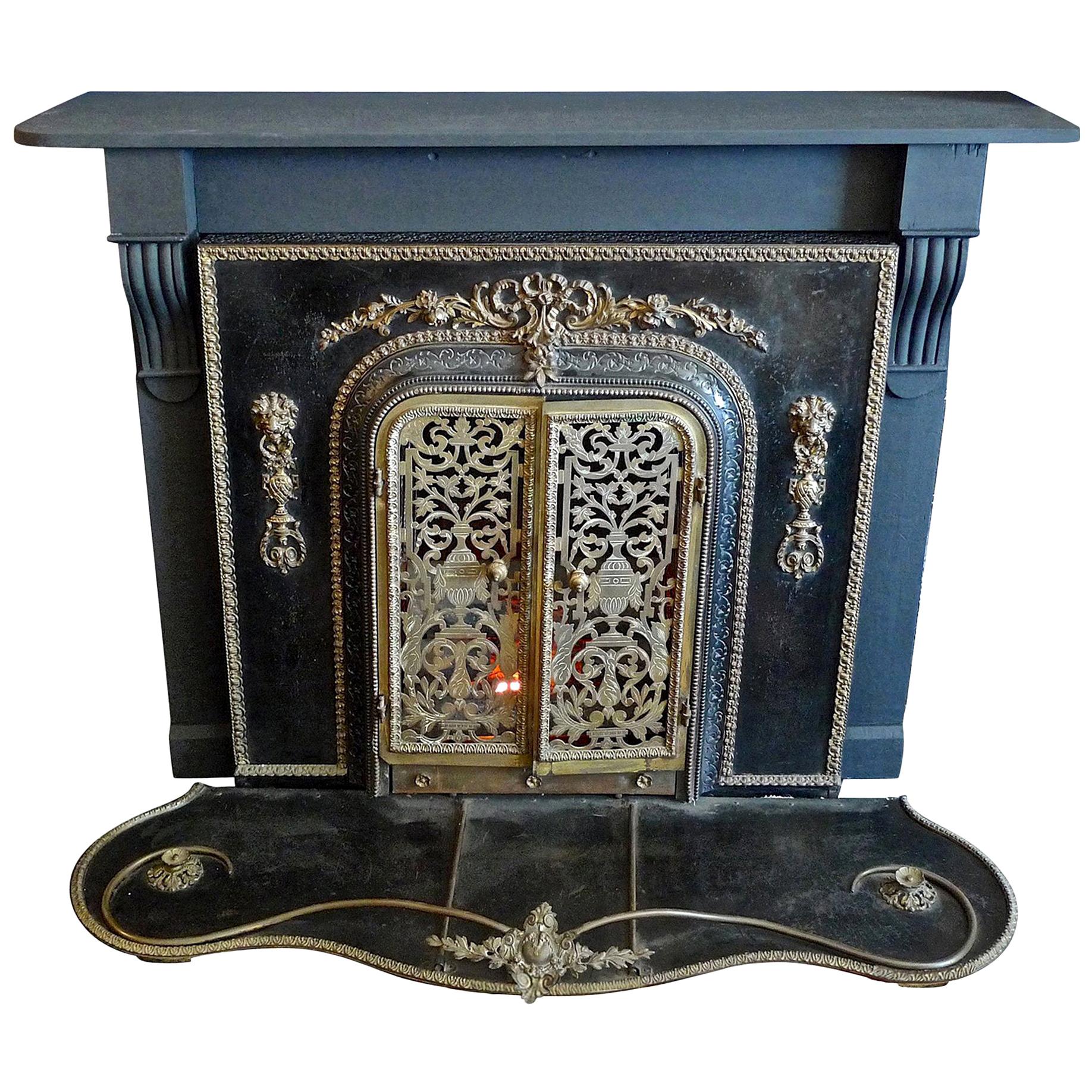 American 1960s Metal Bronze Faux Electric Fireplace with Hearth and Wood Mantel