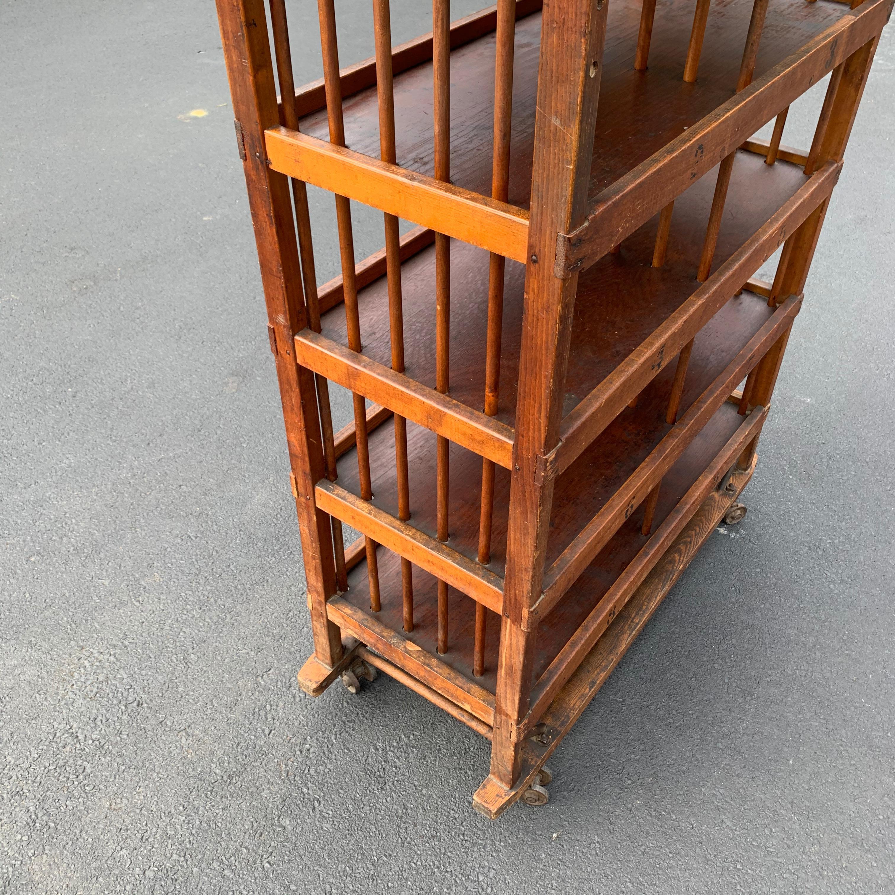 American 1960s Wooden Shelf, Cart or Bread Rack on Industrial Iron Wheels 4