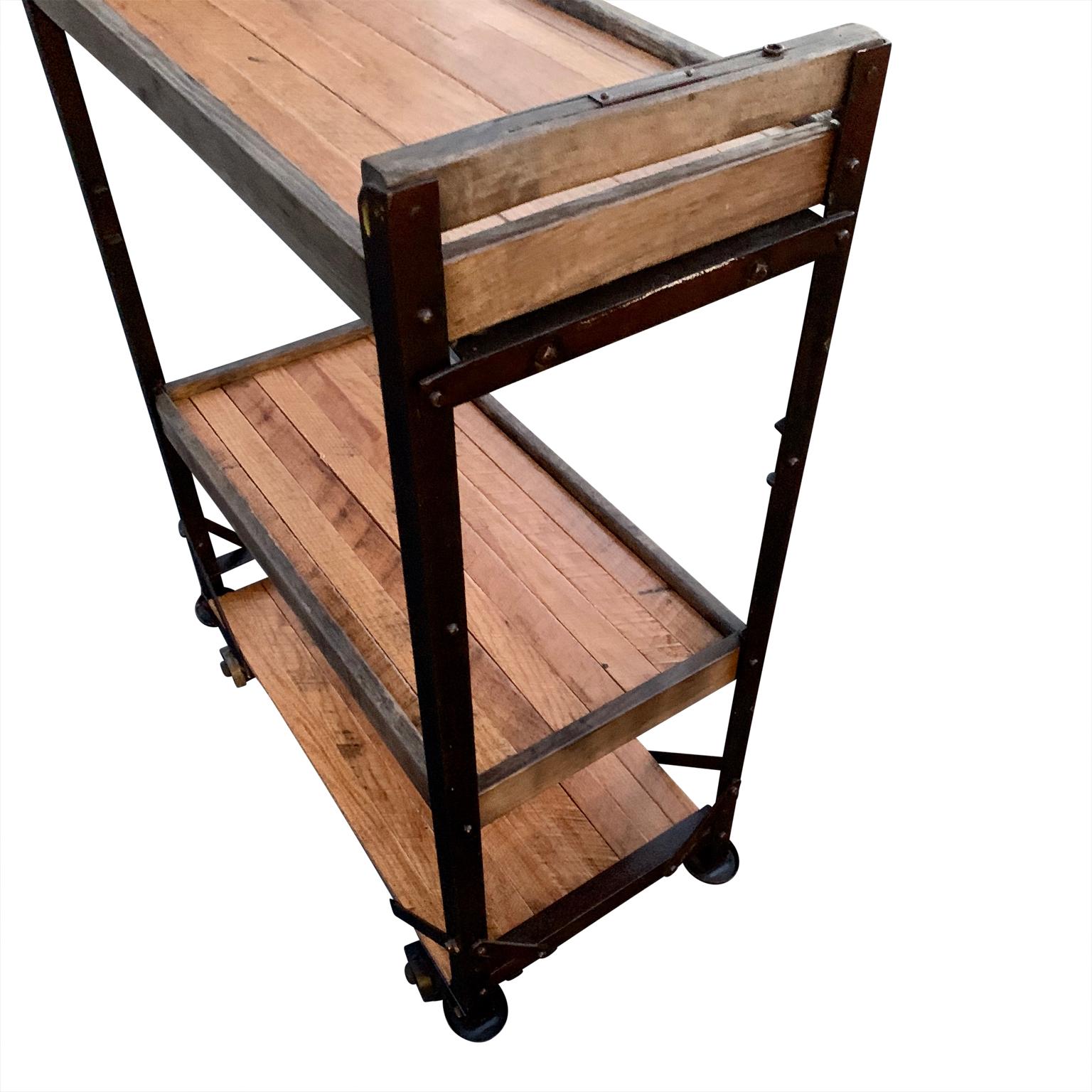 20th Century American 1960s Wooden Shelf, Cart or Bread Rack on Industrial Iron Wheels