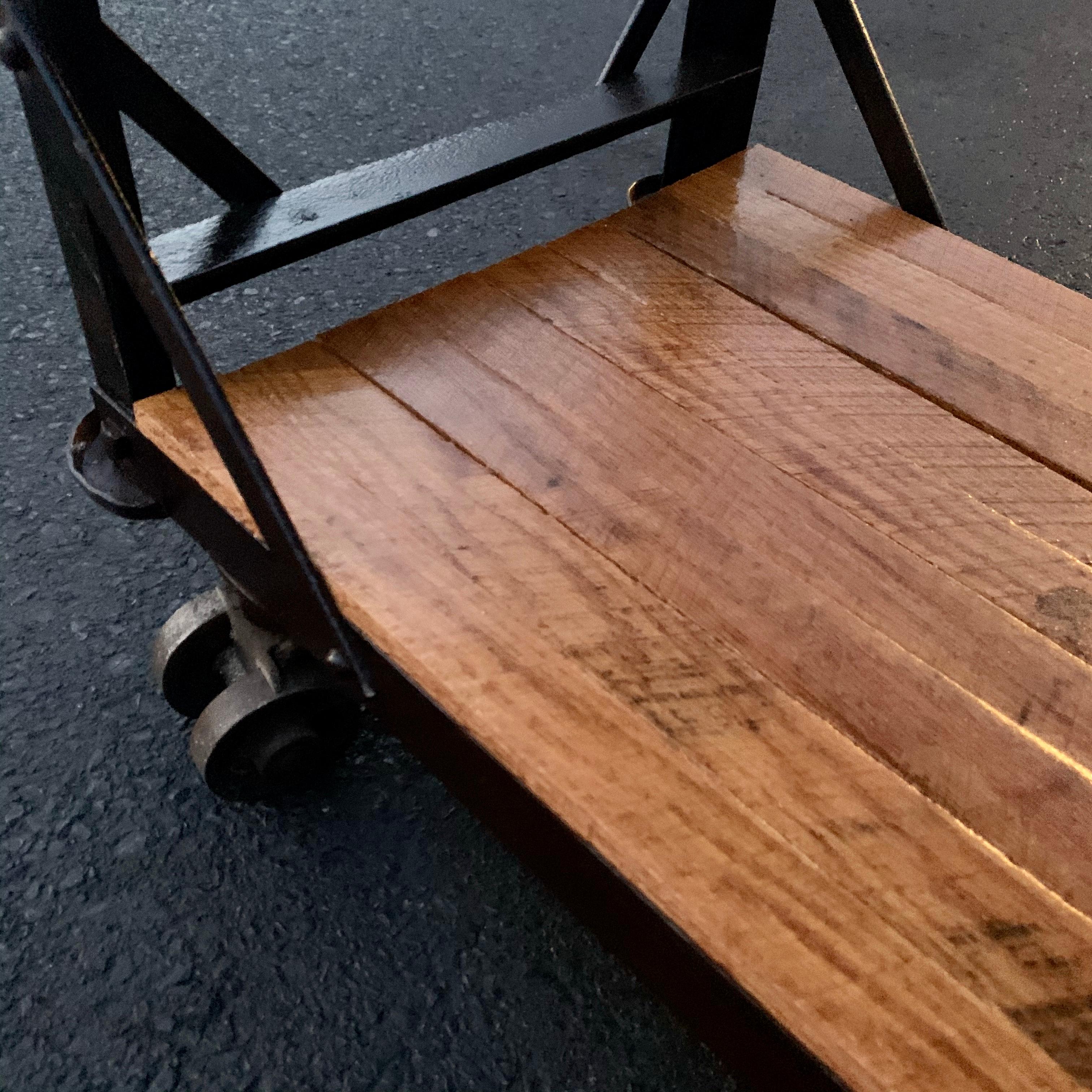 American 1960s Wooden Shelf, Cart or Bread Rack on Industrial Iron Wheels 2