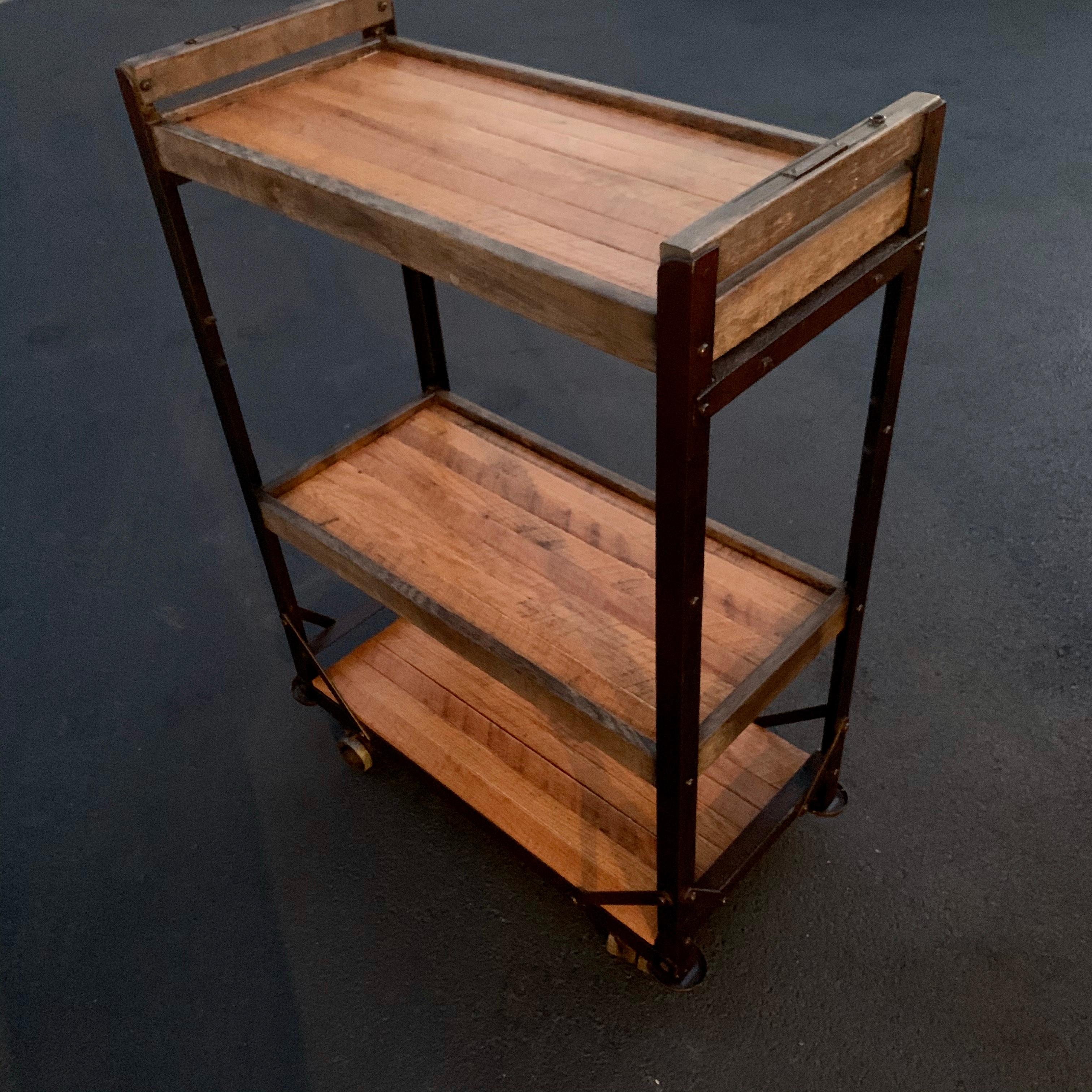 American 1960s Wooden Shelf, Cart or Bread Rack on Industrial Iron Wheels 4
