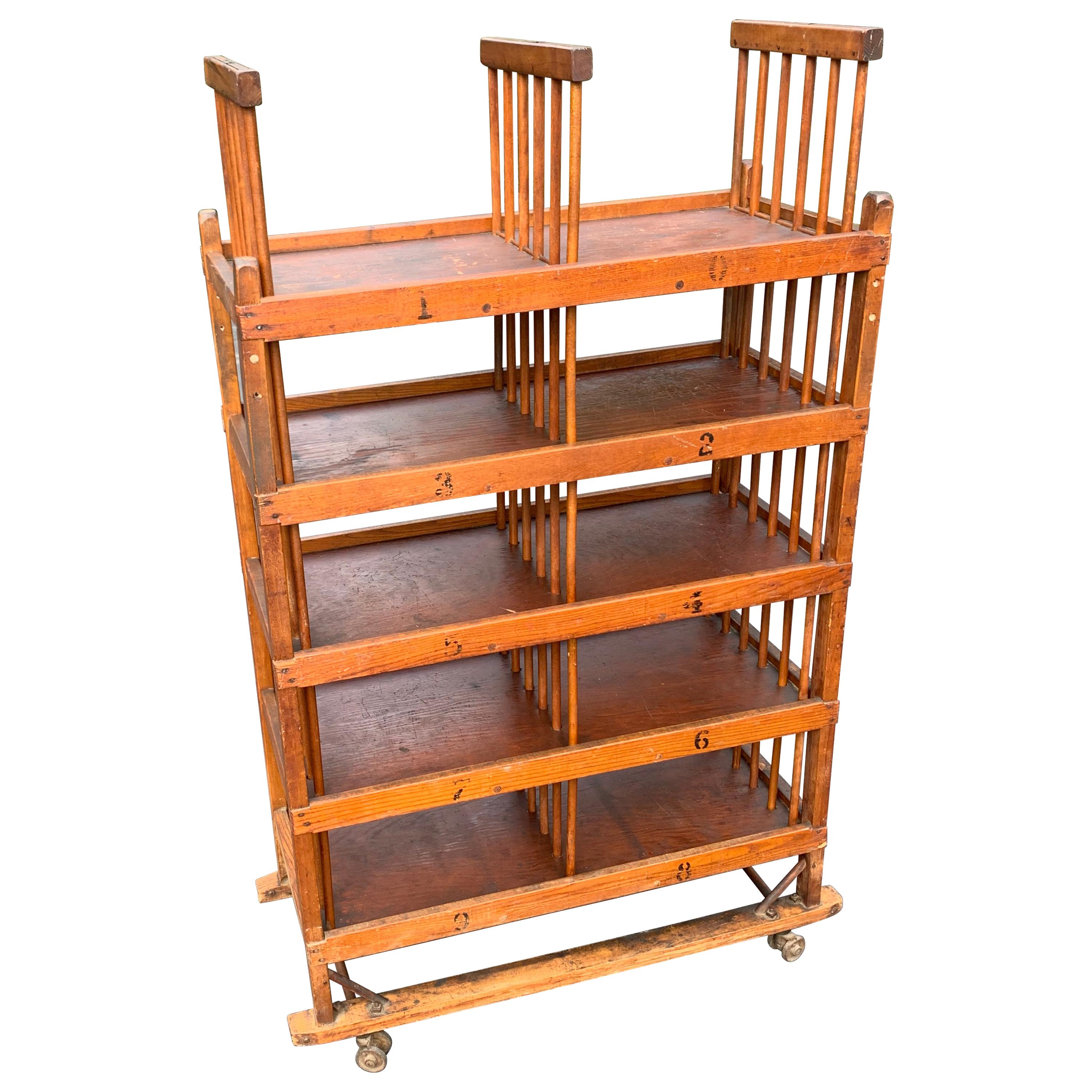 American 1960s Wooden Shelf, Cart or Bread Rack on Industrial Iron Wheels