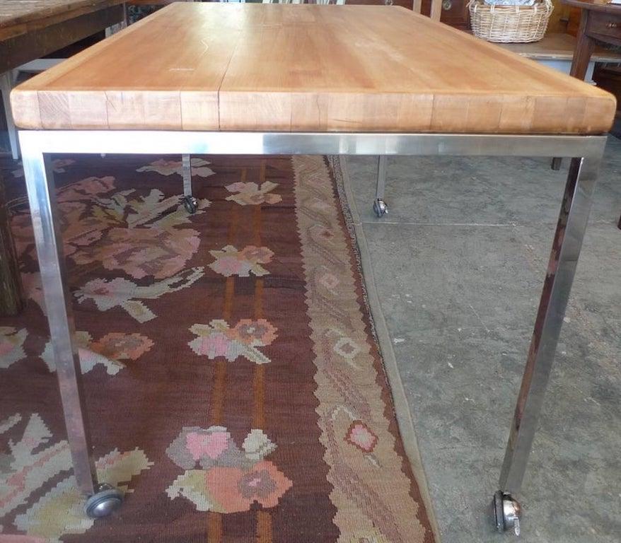 American 1970s Butcher's Block Kitchen Table on Polished Chrome Legs and Wheels In Distressed Condition In Santa Monica, CA